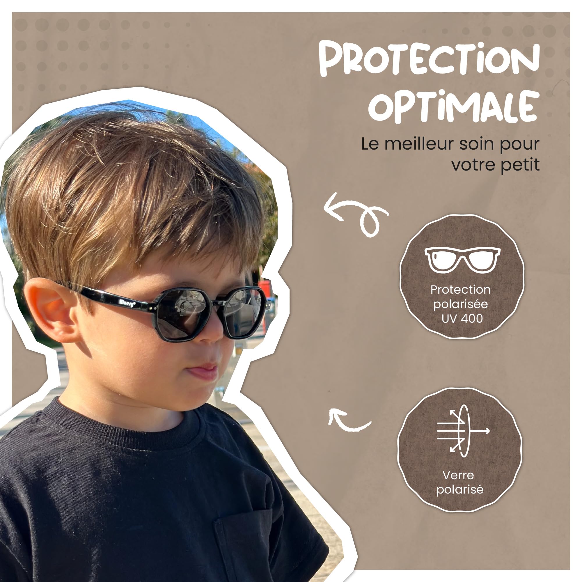 Lunettes de Soleil Bébé et Tout-Petit - 1-3 Ans - Protection UV400 Polarisée - Cadre Flexible et Pliable - Bande Élastique Réglable - Lunettes de Soleil Sûres et Confortables - Yana