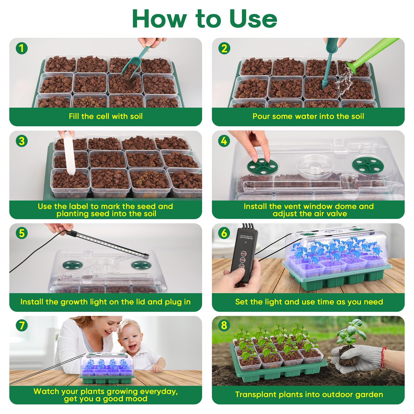 BlumWay Lot de 2 mini serres d'intérieur avec lampe pour plantes - 24 cellules - Avec dôme d'humidité - Réutilisables - Mini serre
