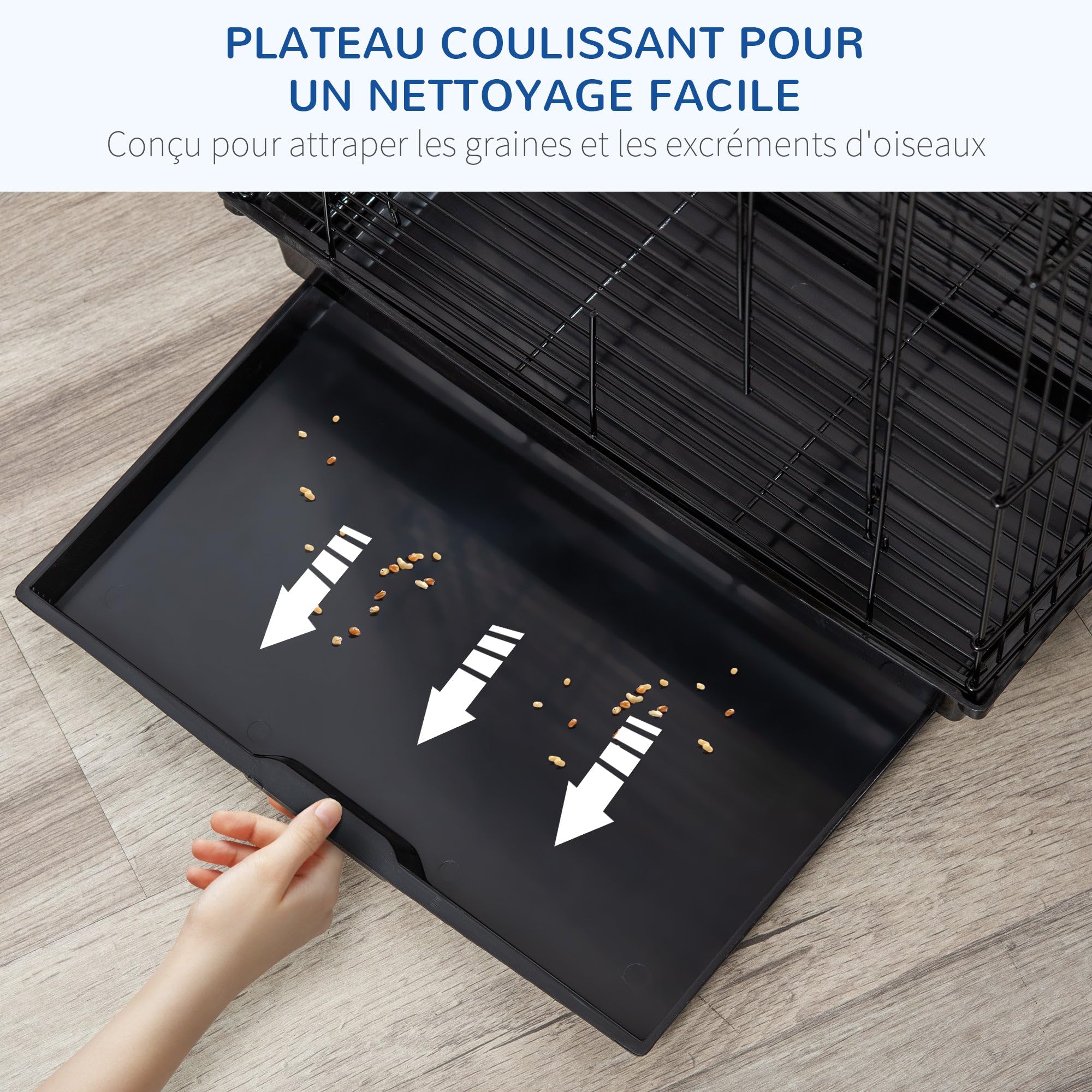Vogelkäfig mit abnehmbarer Platte und Griff, 40 x 40 x 59 cm, für Wellensittiche, modernes Wohnzimmer, aus Stahl, Schwarz, 21_0007562