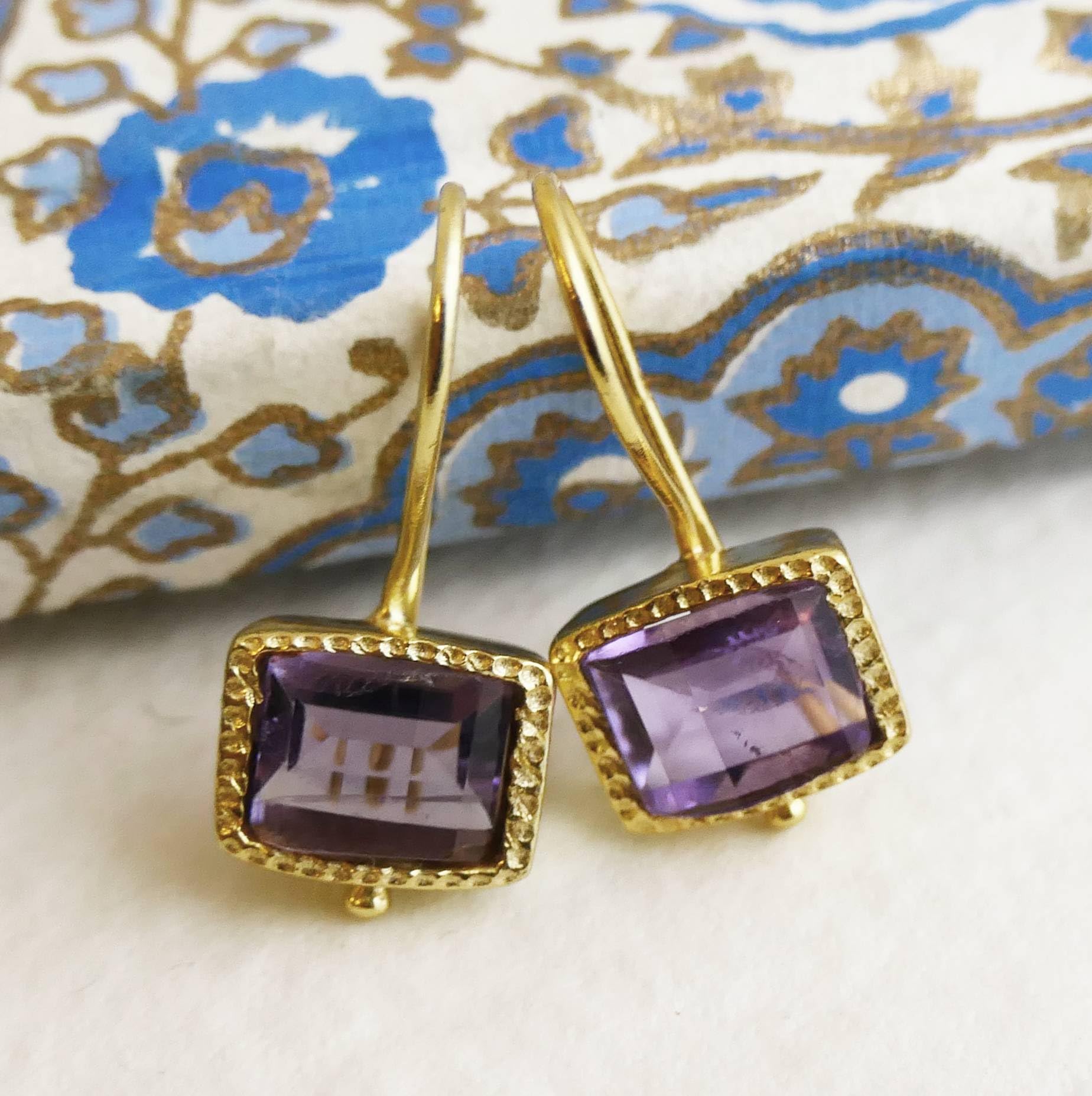 Amethyst Vergoldet 925 Silber Ohrringe | Natürlicher Edelstein - Geburtstagsgeschenk - Handgefertigte Geschenkideen für Frauen (Amethyst)
