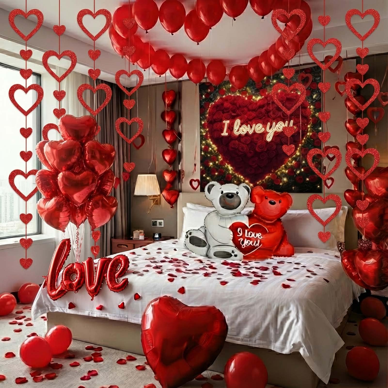 Photo 1 of ***STOCK PHOTO FOR REFERENCE ONLY***Red balloons with backdrop Hanging Hearts heart Little Bear I Love You balloons red rose petals for hotel Dec orations decorations Valentines Party Romantic Confession of love wedding anniversary