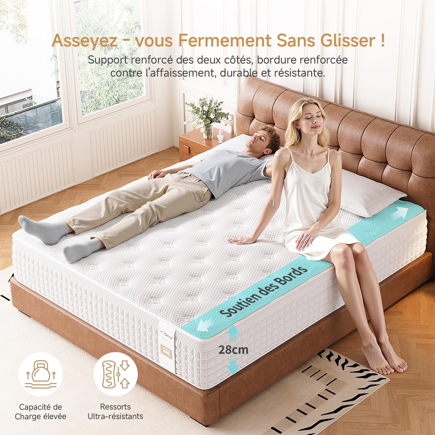 Matelas 160 x 200 cm, Épaisseur 28cm, 9 Zones de Confort, Matelas à Ressorts Ensachés et à Mémoire de Forme, Hybride Matelas,H3 H4 Moyenne Ferme, Doux pour La Peau et Respirant，Soutien Parfait