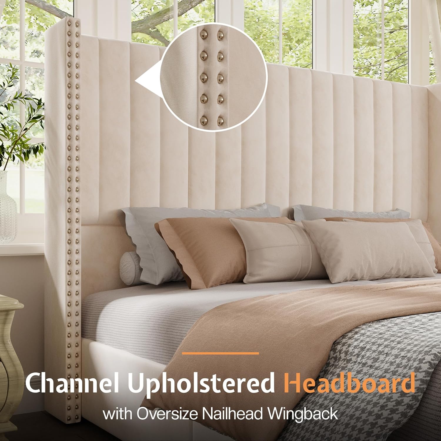 Jocisland Upholstered King Size Lift up Storage Bed Frame, Platform Bed Velvet with Channel Tufted Wingback Headboard, No Box Spring Needed, Cream