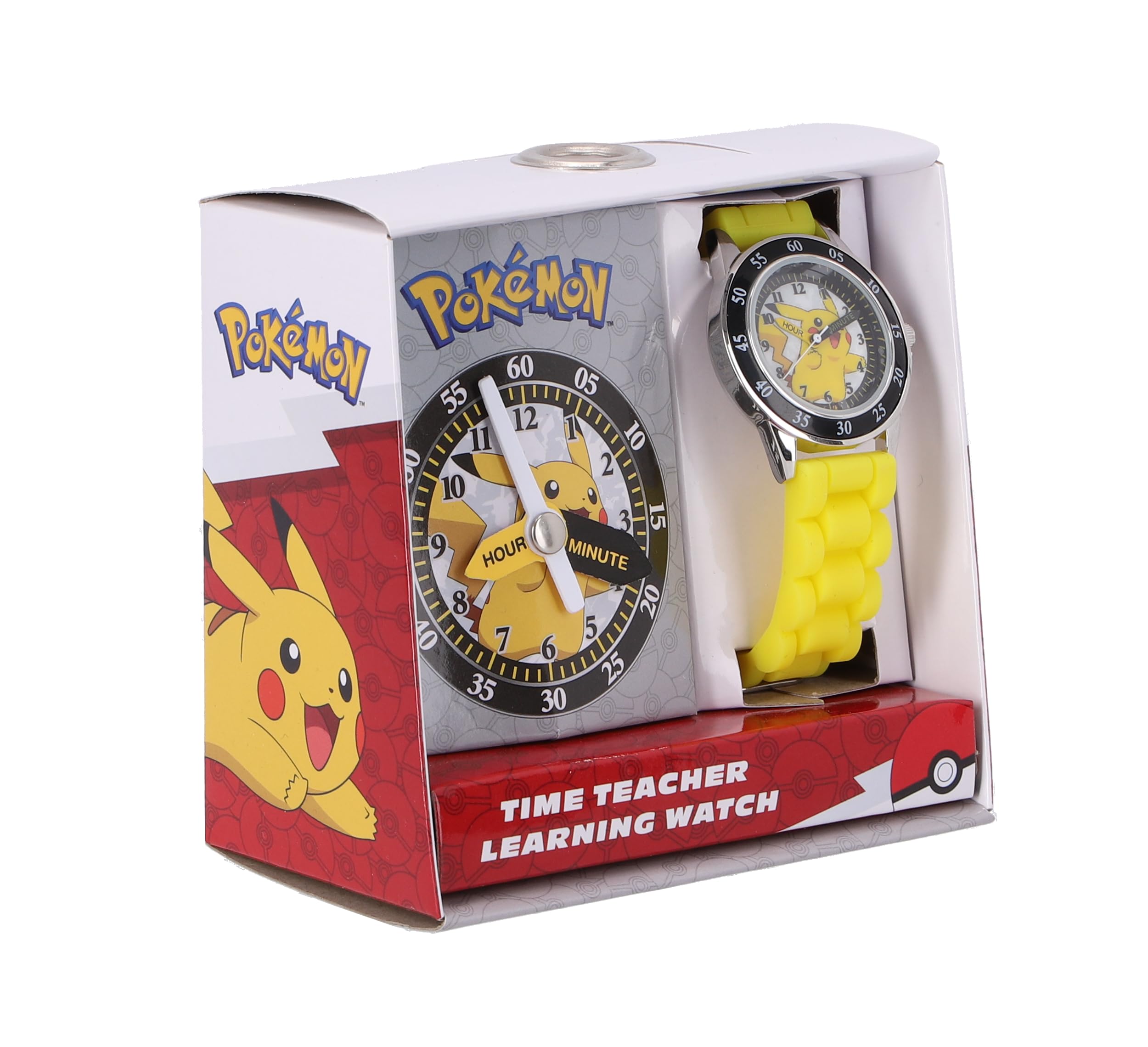 Accutime Analoge Kinderuhr im Pokemon Design, Zeitlernuhr mit beschrifteten Zeigern, verstellbares leichtes Acryl-Armband, Gelb