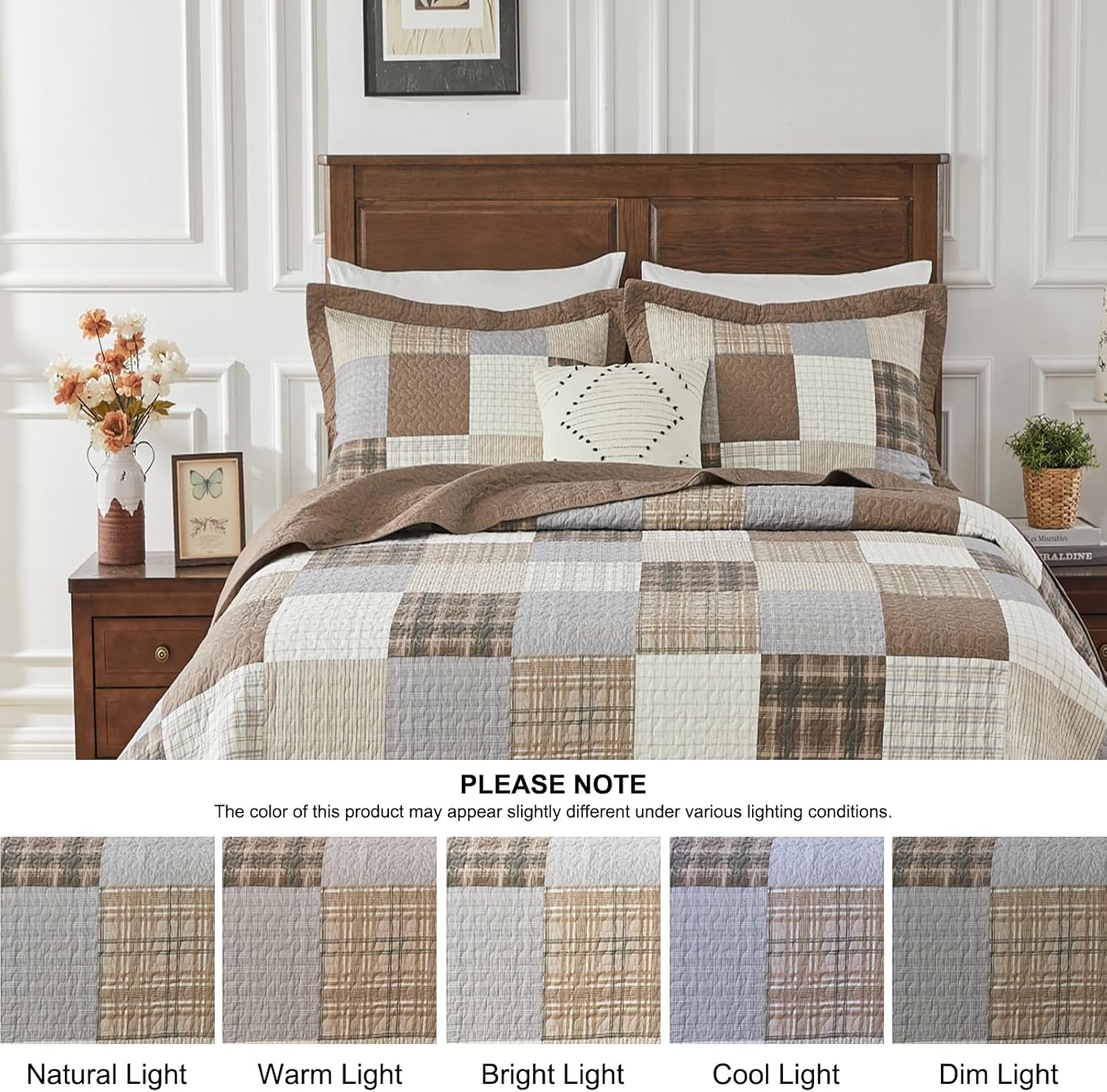 Quilta 100% Cotton Oversized King Bedspread 128"x120", Farmhouse Cabin Plaid Quilt Bedding Set, Soft Lightweight California King Comforter Set 3 Pieces, Rustic Coverlet, Gray/Khaki/Brown/Beige