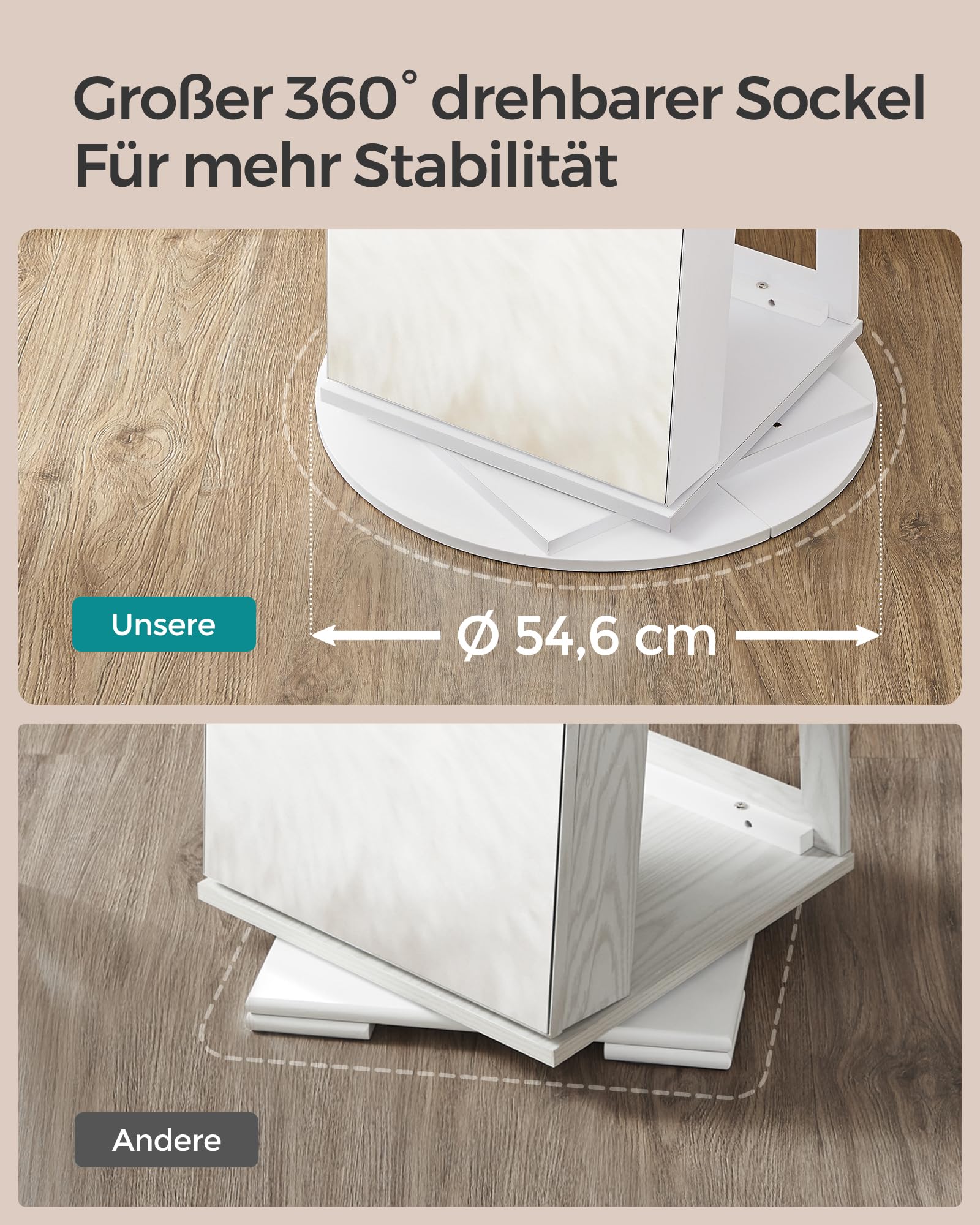 SONGMICS Schmuckschrank, Spiegelschrank, mit rahmenlosem Ganzkörperspiegel, 3 Ablagen, 360° drehbar, abschließbar, Oberfläche in Weiß, Innenfutter in Schwarz JJC007W01