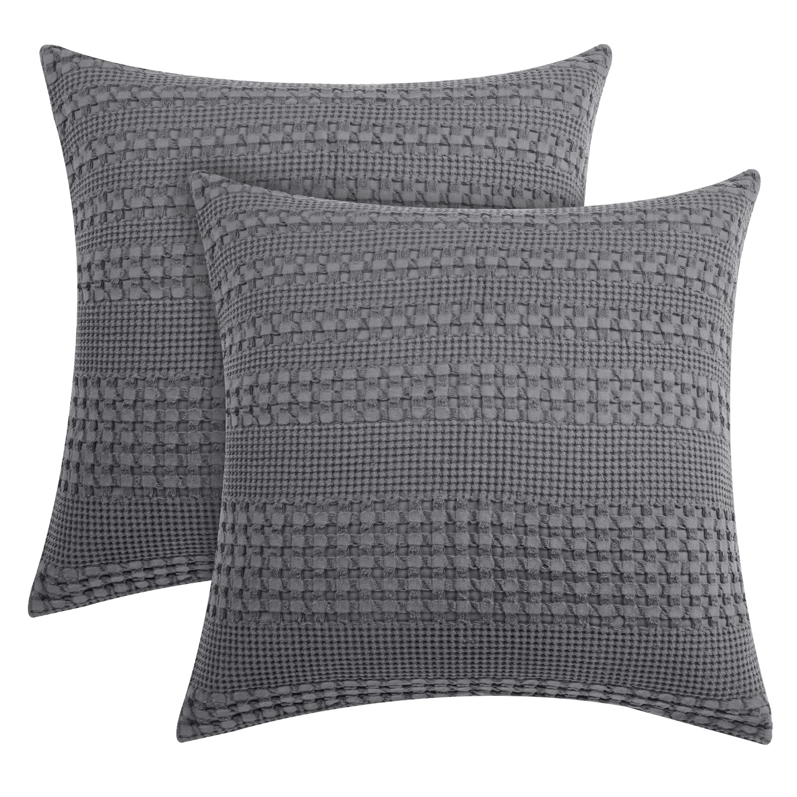 PHF 100% Cotton Waffle Weave Euro Sham, 26" x 26"(66cm), Set of 2, Home Decorative Euro Throw Pillow Covers for Couch Sofa Bed, No Filling, Dark Grey