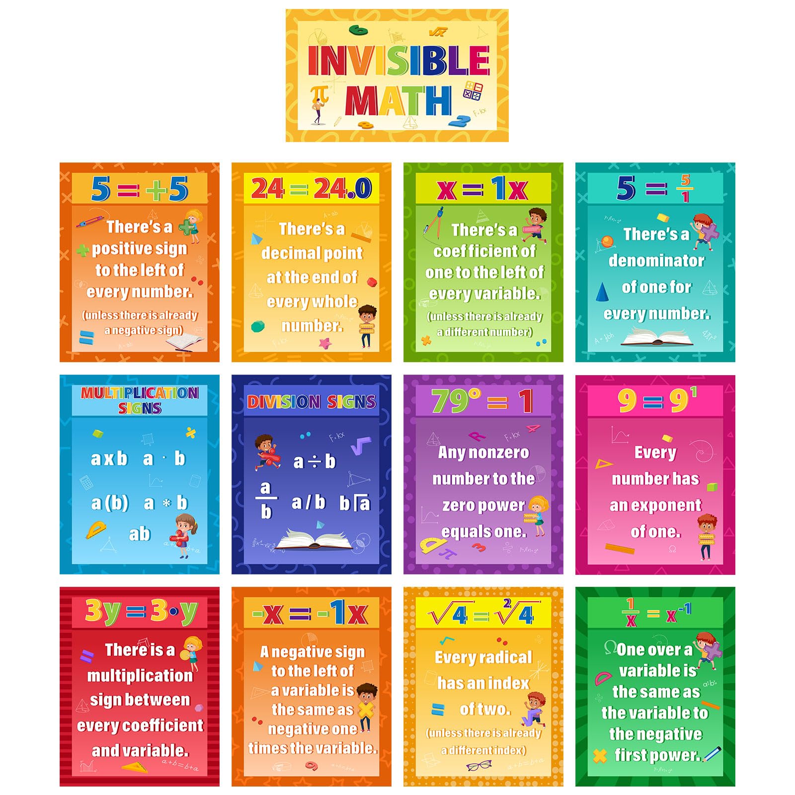 Treela 13 Pcs Educational Math Posters Math Bulletin Board Set Invisible Mathematics Concept Posters Math Symbol Classroom Decorations for Elementary Middle School Wall Teachers Supplies