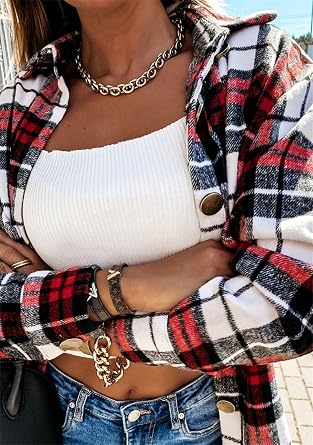 YMING Womens Color Block Plaid Shirts Button Down Loose Fit Cardigans Long Sleeve Pockets Shacket Blouse Tops