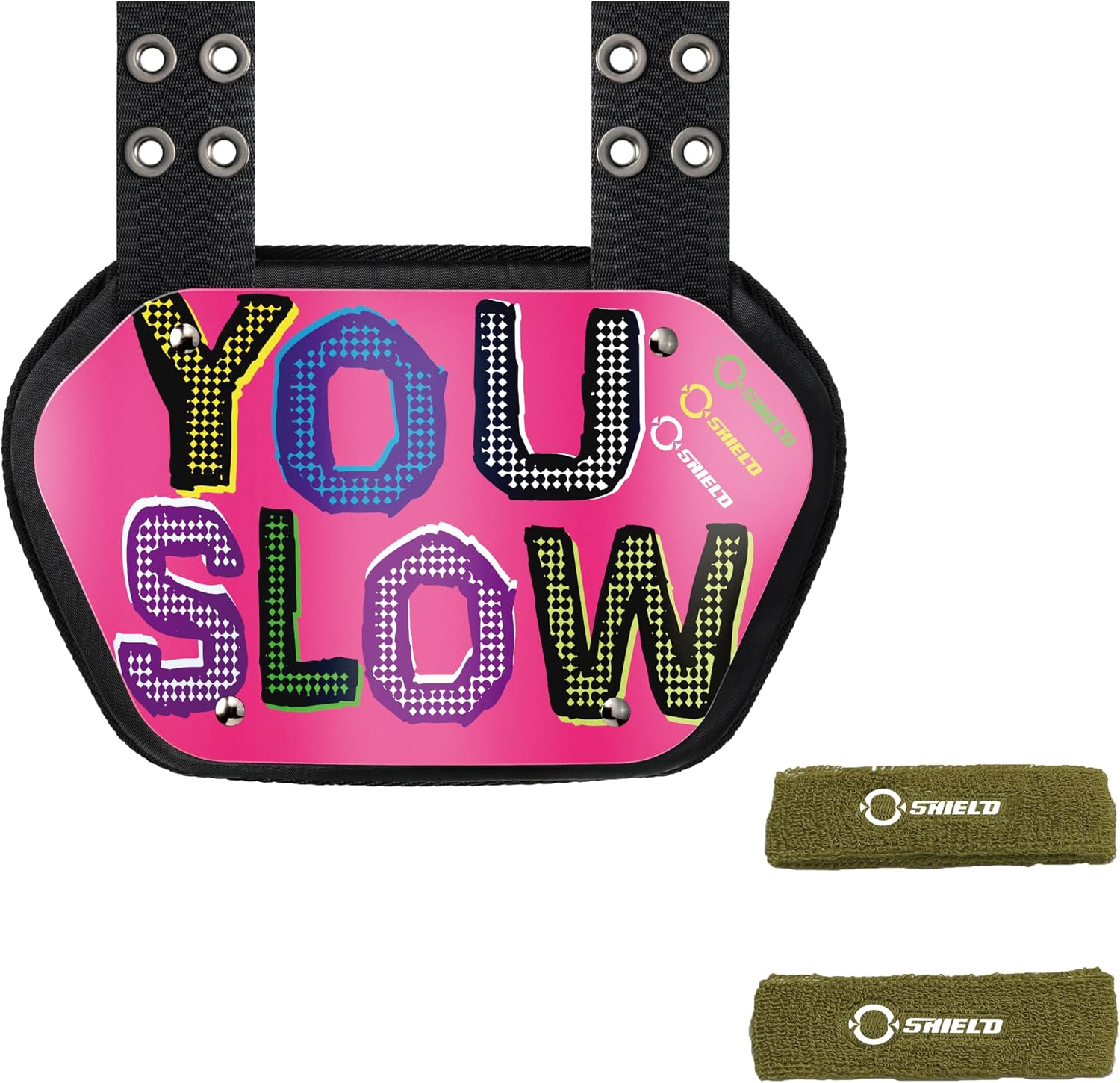 O Shield You Slow Football Backplate with Vegas Gold Sports Arm Band, Backplate Football with Bicep Band, Sold by Package