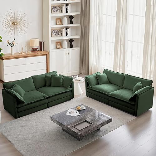 mikibama Luxury 2 Piece Sofa Set, 2 Pieces of Loveseat Sofa, Modern Chenille Comfy Cloud Couches Set for Living Room Office with 4 Armrest Pillows and 4 Toss Pillows, Evergreen