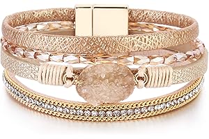 Boho Leather Wrap Bracelets: Elevate Your Bohemian Style with Crystal Accents and Magnetic Convenience