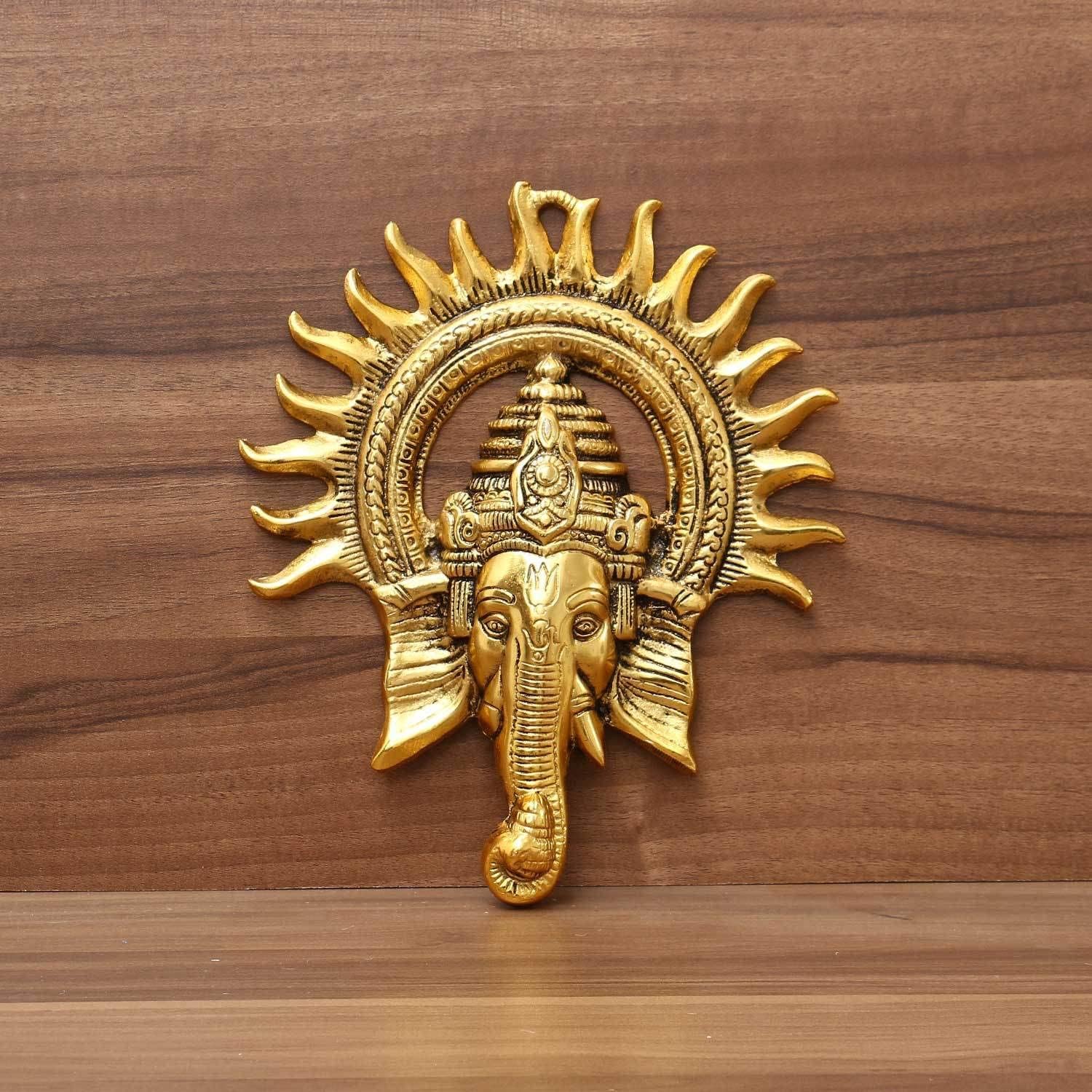 Kalakriti Gold Plated Ganesha Idol for Home Decor with Surya Chakra | Ganeshji Ganpati murti Statue Religious Idol | Wall hangings Lucky Fengshui Deal| Diwali Decorative Gifts Showpiece, 1 pc