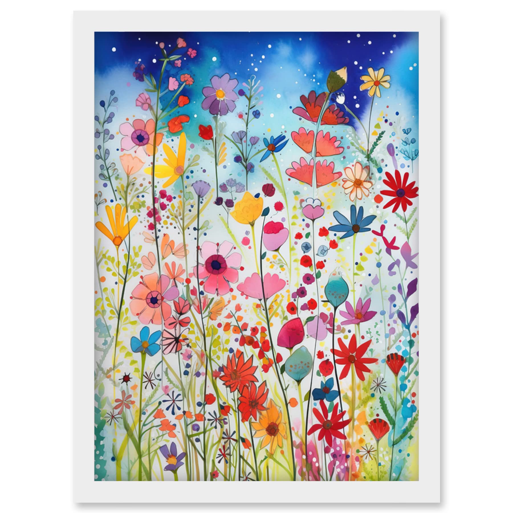 Artery8 Summer Wildflower Meadow Folk Art Artwork Framed Wall Art Print A4