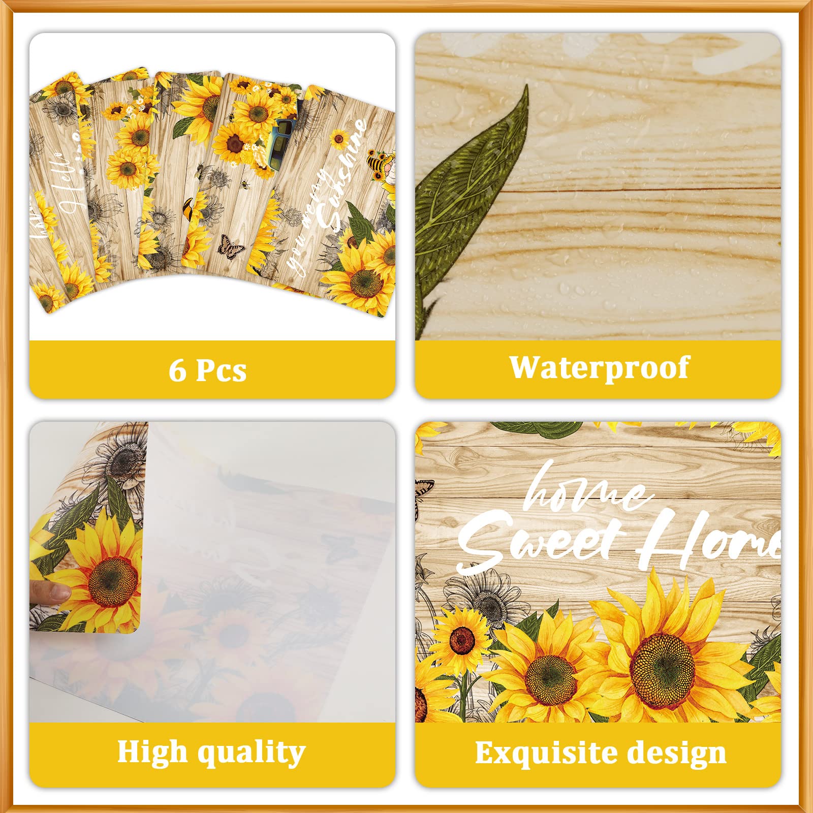 Set of 6 Plastic Placemats Sunflower Pattern Vintage Summer Holiday Washable Placemats for Indoor Outdoor Party Kitchen Dining Room - Image 3
