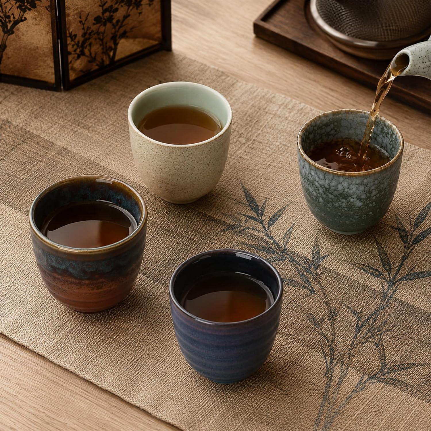 Ceramic Japanese Tea Cups, Handleless 5 oz Tea Mug, Asian Teacup, Set of 4 (4, Peacock Tail)