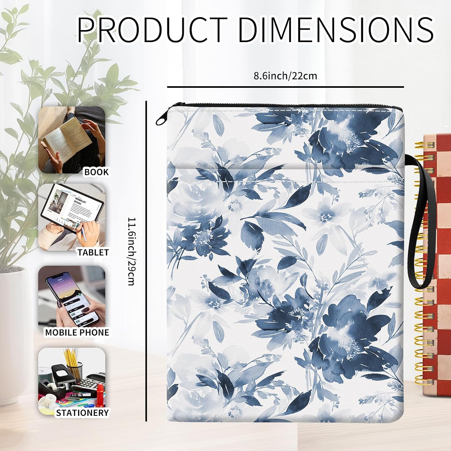 Book Sleeves with Zipper, Cute Travel Book Pouch with Handle Strap Front Pocket, Funny Book Cover Protector for Book Lovers White Blue Flowers