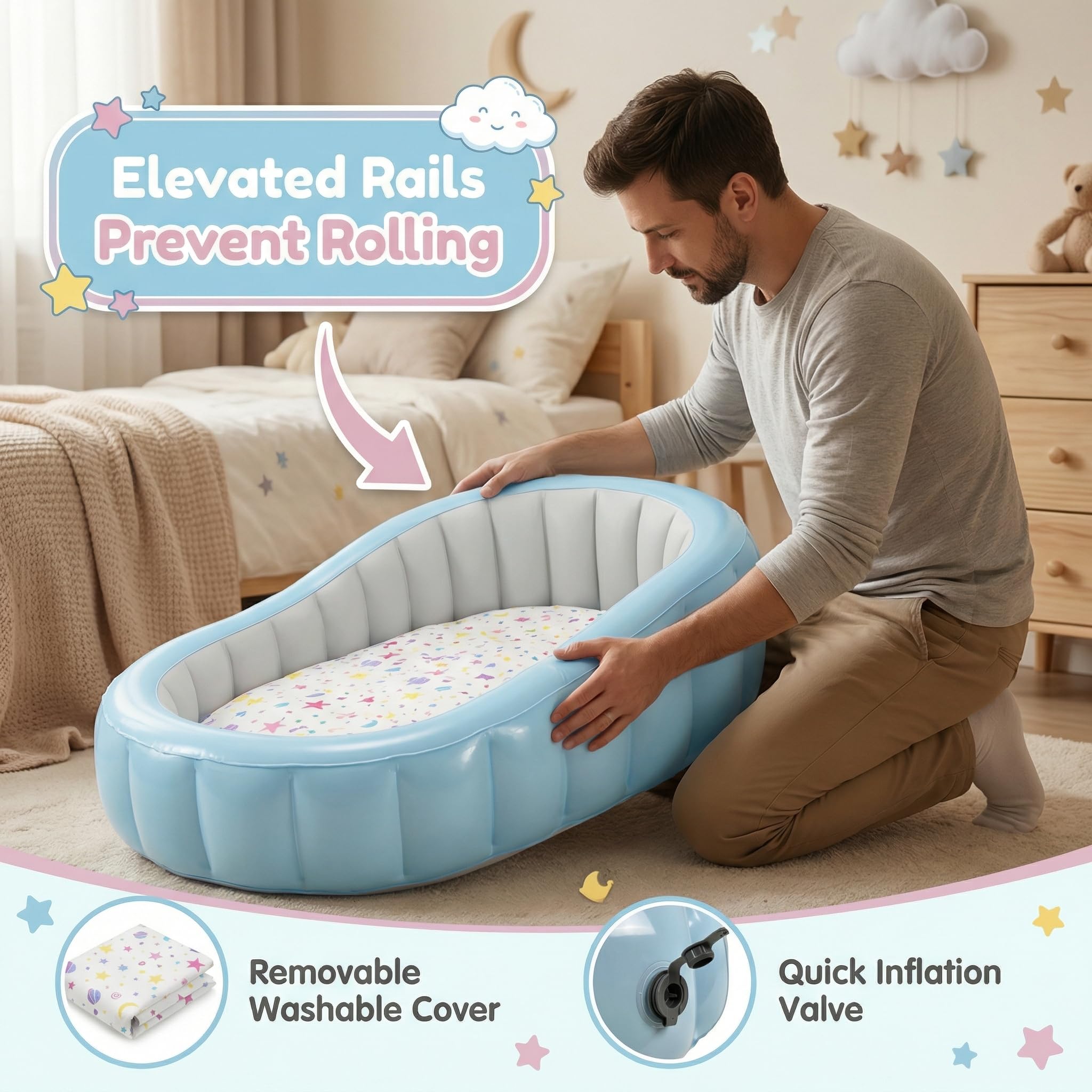 Aufblasbares Reisebett für Kleinkinder mit Baumwollbezug, erhöhtem Rausfallschutz, PVC-Rahmen, Sicherheitsventilen & Handpumpe (Blue)