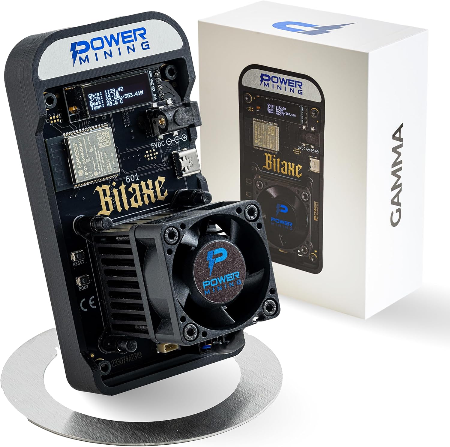 Product image of Bitaxe Gamma 601 ASIC Bitcoin Miner | 1.1 TH/s @ 18W | BM1370 Chip (Antminer S21 Pro) | Wi-Fi | USB-C | AxeOS | Open Source | Made in Europe | Incl. Power Supply & Stand