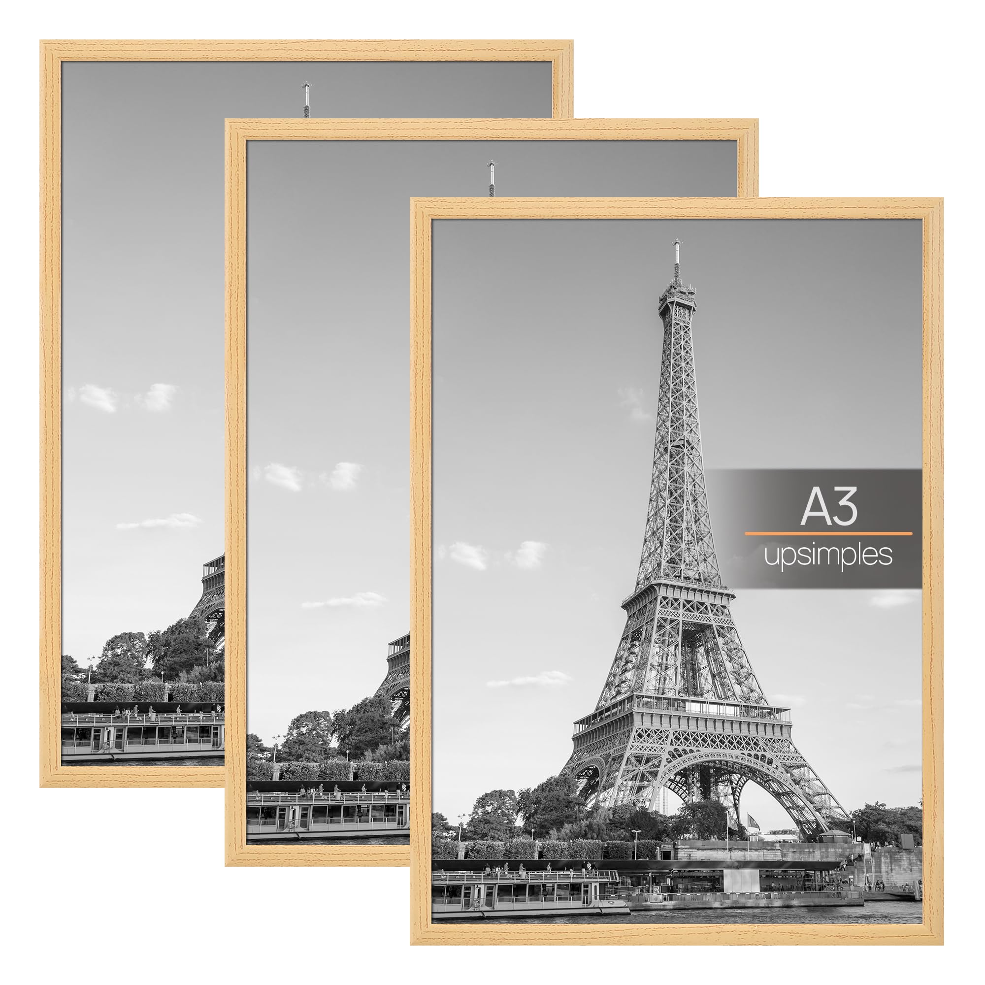 upsimples 3 Pack A3 Picture Frame, A3 Natural Picture Frame for Photo Gallery - Slide-In Strips, Horizontal or Vertical Wall Mounting