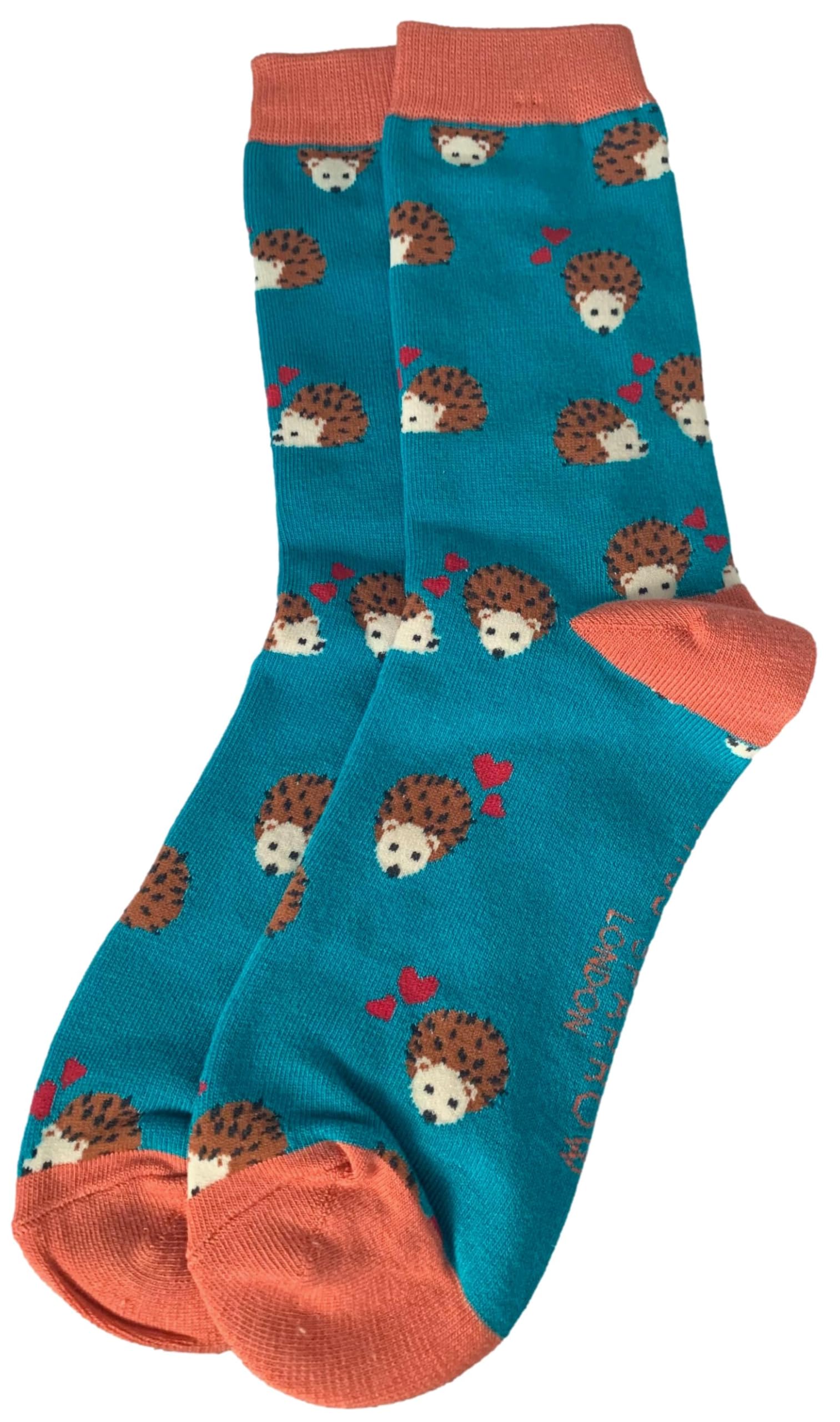 Purple Possum® Hedgehog Socks Women's Love Hearts and Hedgehogs Pattern in Blue Bamboo and Cotton Blend Size 4-7