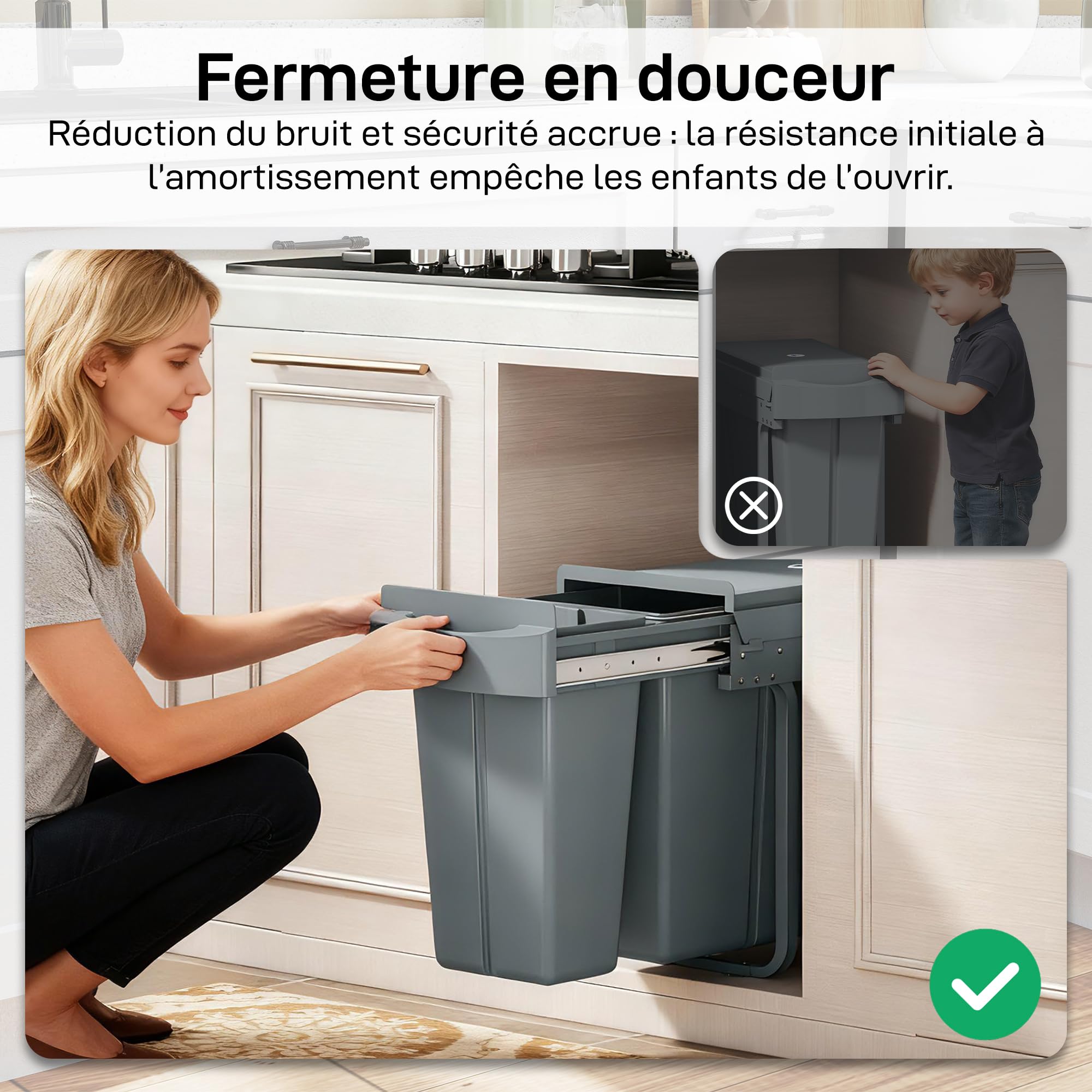 HOMCOM Poubelle Cuisine Coulissante Encastrable 30L Couvercle Motif Losange | 2 Compartiments Amovibles, Poubelle Sous Évie, Coulissement Fluide, Poignée, pour Déchets Recyclage
