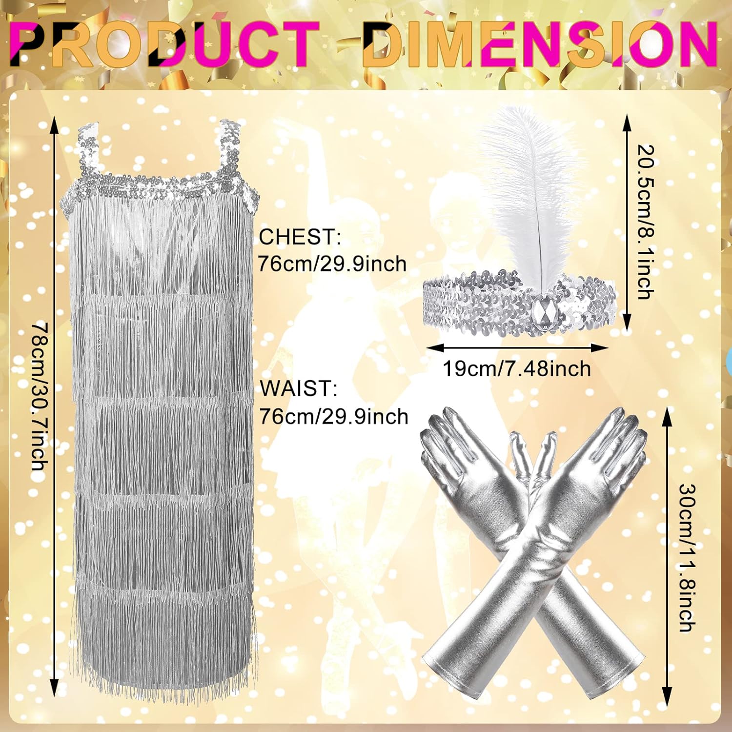 4 Pieces Girl's 20s Flapper Dresses Costume Set Feather Headband Fringed Dresses Gloves for Halloween Party Silver One Size