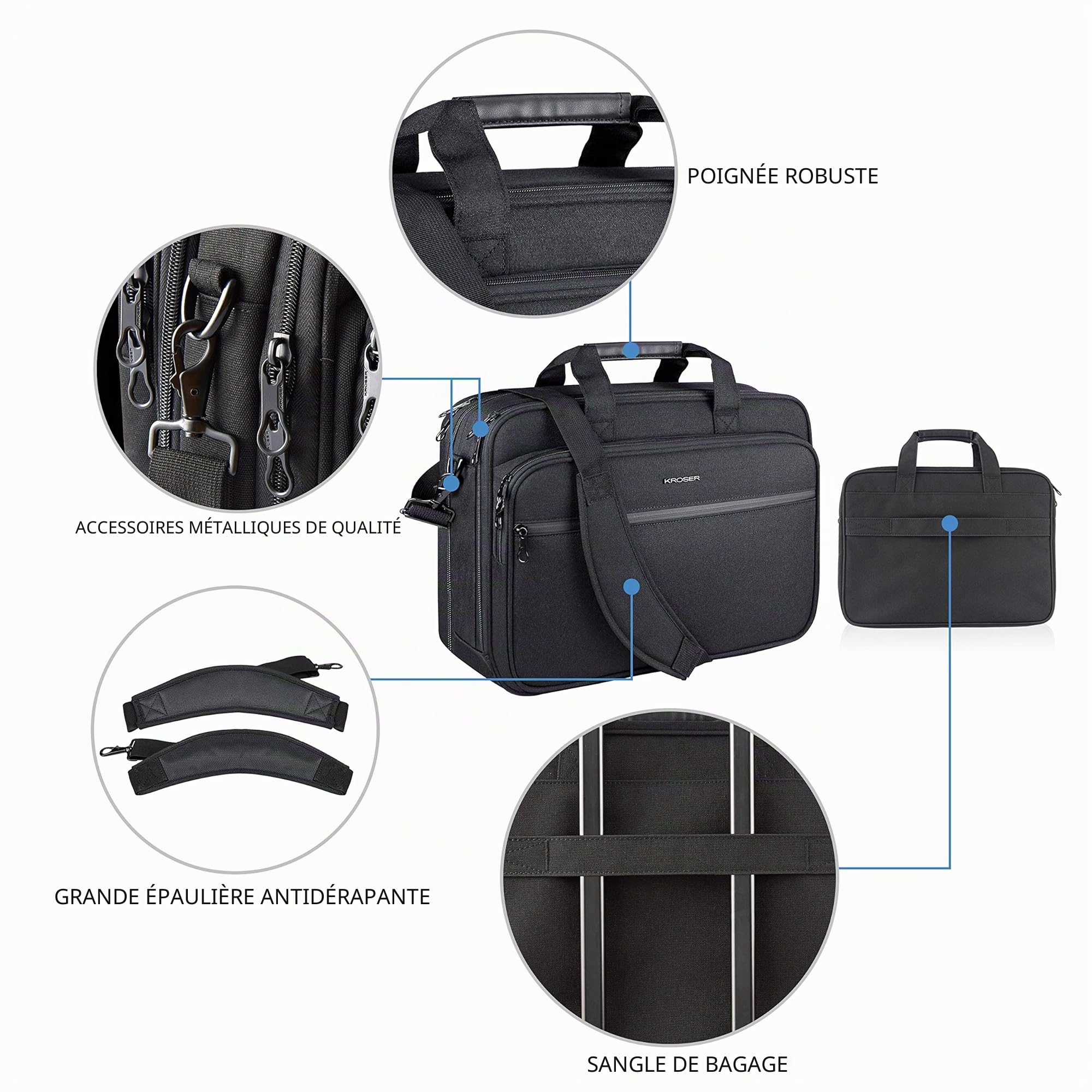 KROSER Sacoche pour Ordinateur Portable Imperméable Extensible Sac Messenger à Bandoulière pour Voyage/Affaires/École/Homme/Femme Laptop Bag