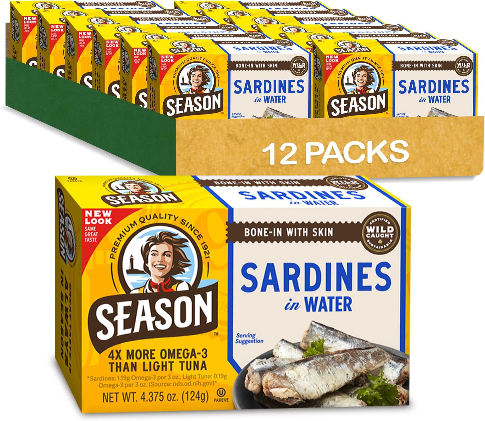 Sardines in Water - Wild Caught Fish, 22g of Protein, Keto Snacks, More Omega 3's Than Tuna, High in Calcium, Canned Sardines - 4.37 Oz Tins, 12-Pack