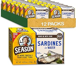 Season Sardines in Water - Wild Caught Fish, 22g of Protein, Keto Snacks, More Omega 3's Than Tuna, High in Calcium, Canned Sardines - 4.37 Oz Tins, 12-Pack