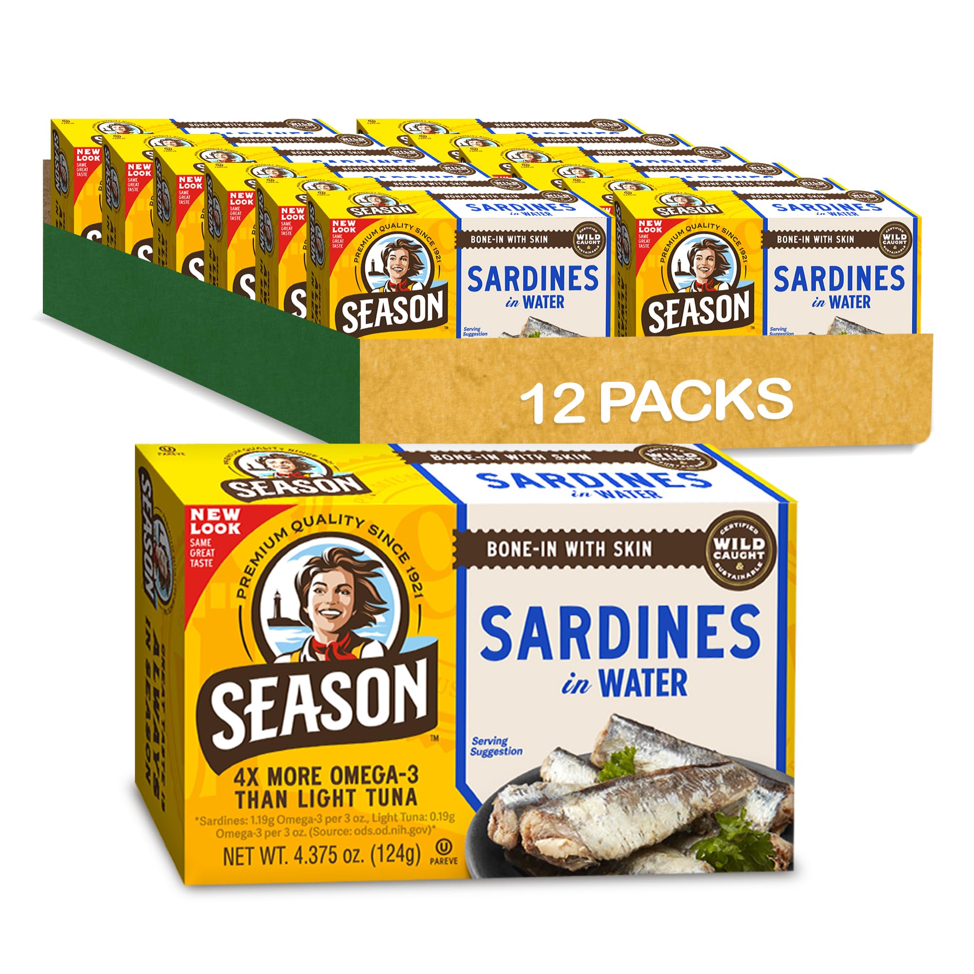Season Sardines in Water – Wild Caught Fish, 22g of Protein, Keto Snacks, More Omega 3's Than Tuna, High in Calcium, Canned Sardines – 4.37 Oz Tins, 12-Pack