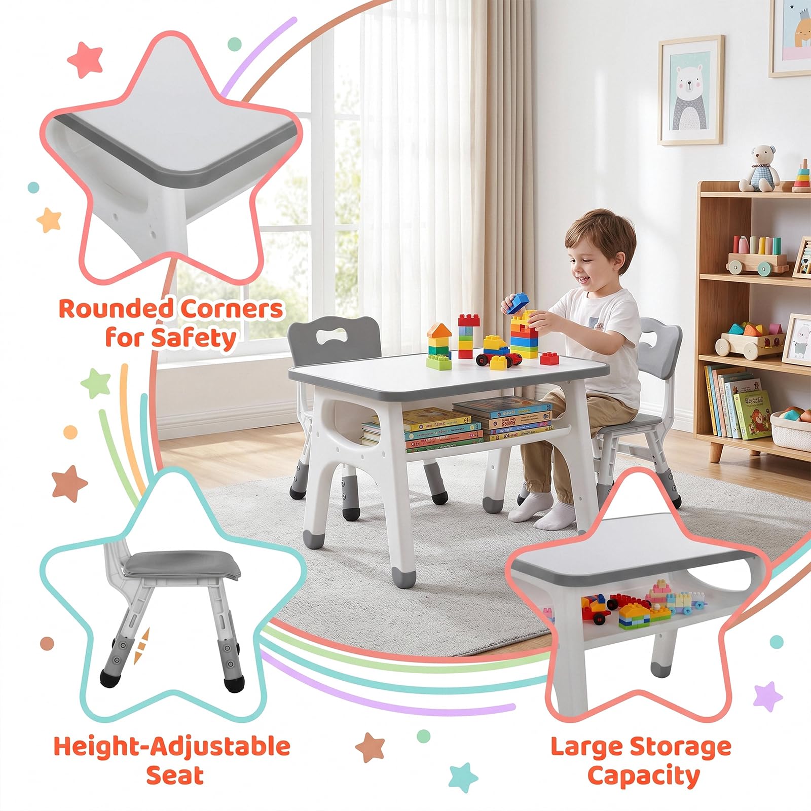 MAMIZO Kindertisch-Stuhl Set, Kindersitzgruppe mit 2 höhenverstellbaren Stühlen, Maltisch für Kinder mit bemalbarer Tischplatte & Stauraum, multifunktionaler Kinderspieltisch 70x50 cm, Grau