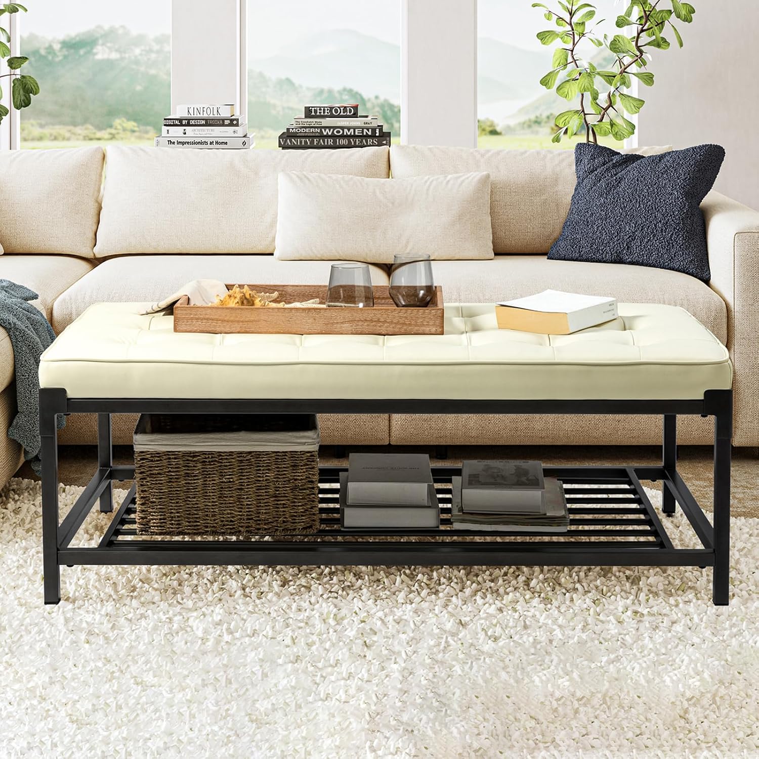 Amazon.com: HULALA HOME Tufted Coffee Table Ottoman with 2-Tier Storage ...