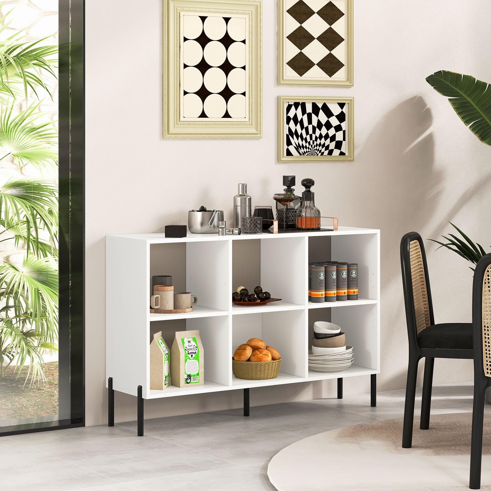 HOMASIS Scaffale a 6 Cubi, Libreria Bassa con Mensola Regolabile, Salvaspazio da Terra a 2 Livelli in Legno, Divisorio per Soggiorno, Studio, 120 x 35 x 79,5 cm (Bianco)