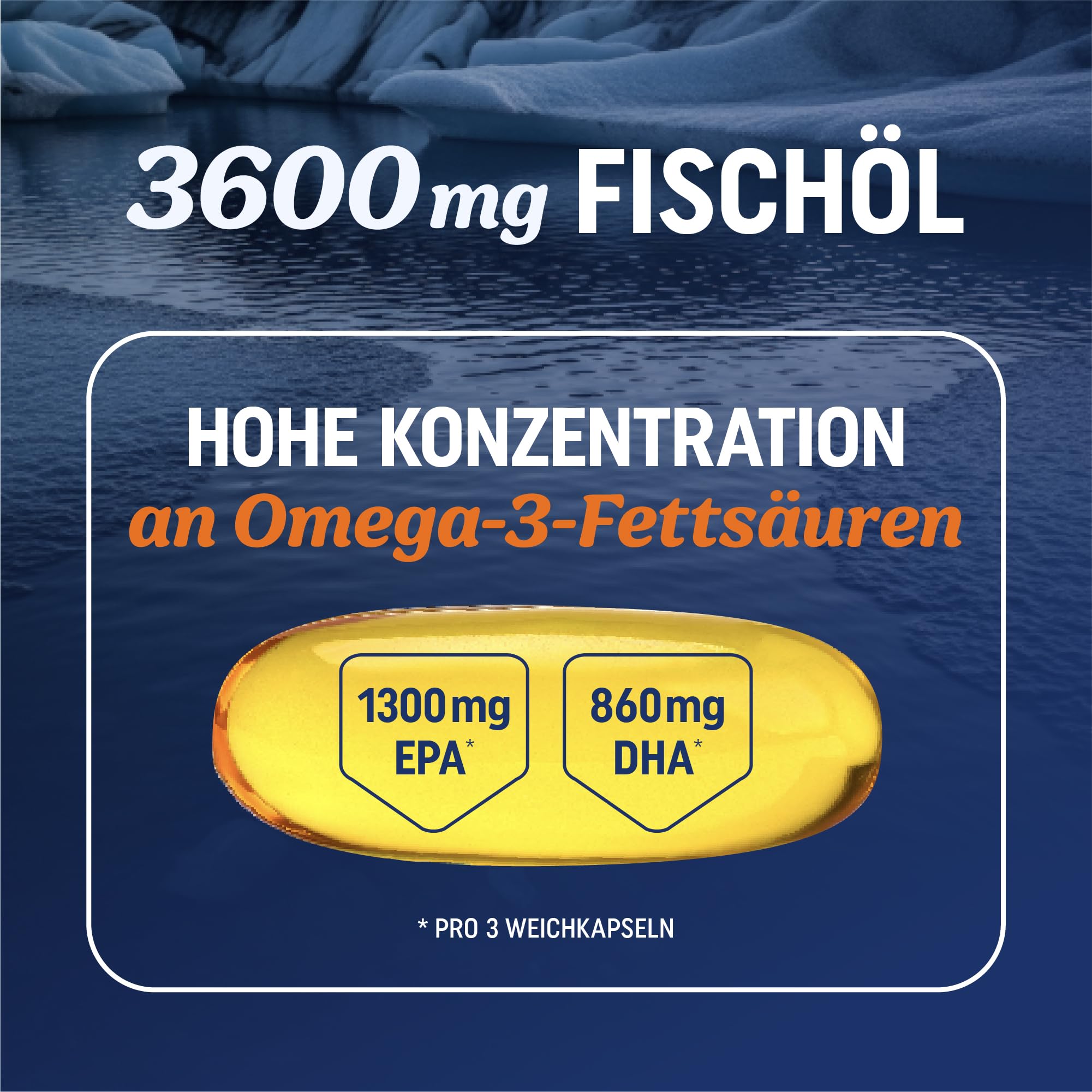 Dreifach konzentriertes Omega-3-Fischöl 3600 mg | EPA & DHA | Über 2100 mg Omega-3-Fettsäuren | 1300 mg EPA + 860 mg DHA | Erstklassige essenzielle Fettsäuren | Wild gefangene Omega 3 | 120 Stück