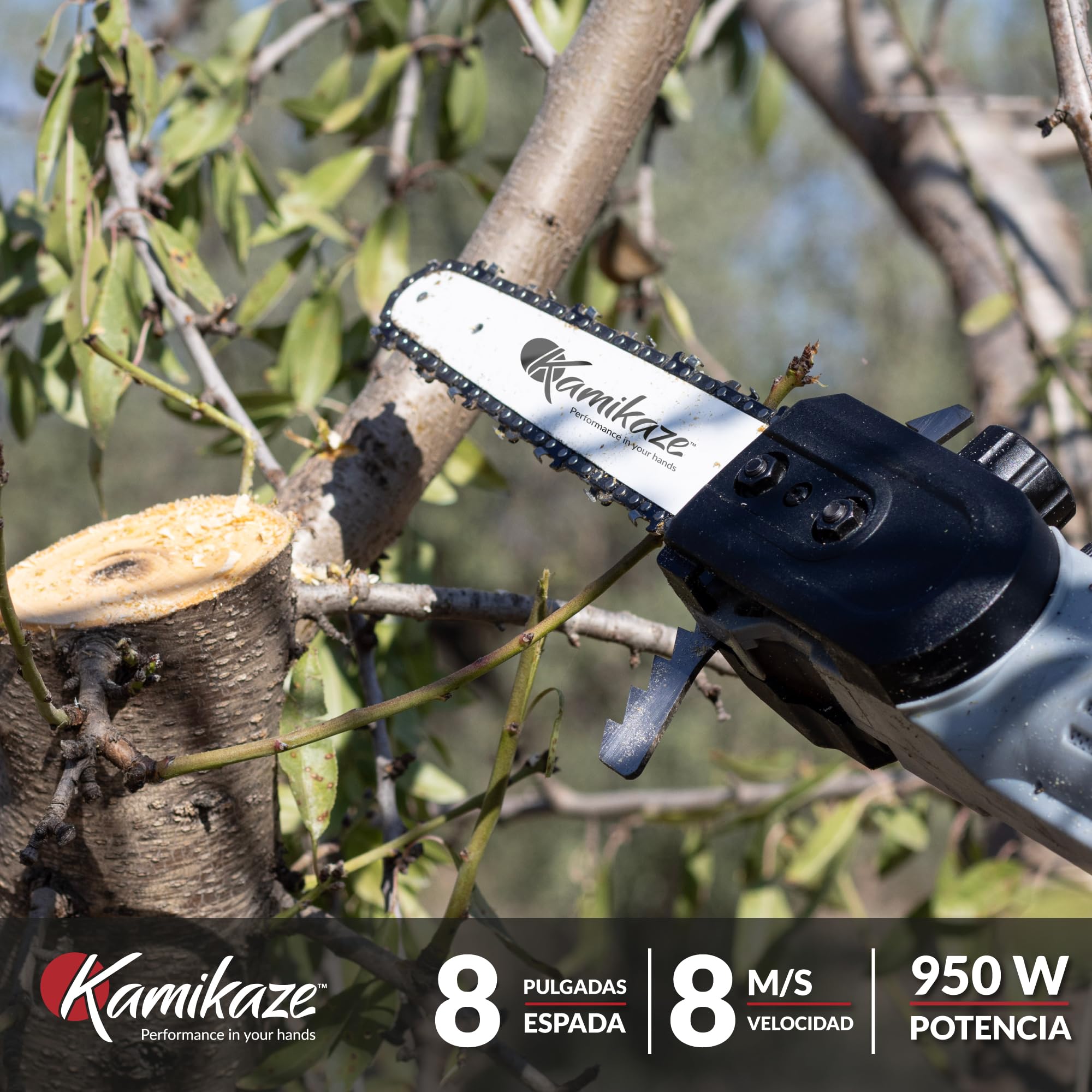 KAMIKAZE Sierra Extensible Eléctrica Inalámbrica Profesional - Corte Ø 160 mm, Motor Sin Escobillas, Potencia 950W, Telescópica hasta 2.5m, Pantalla, 2 Baterías de Litio, Arnés, 3 Años de Garantía,