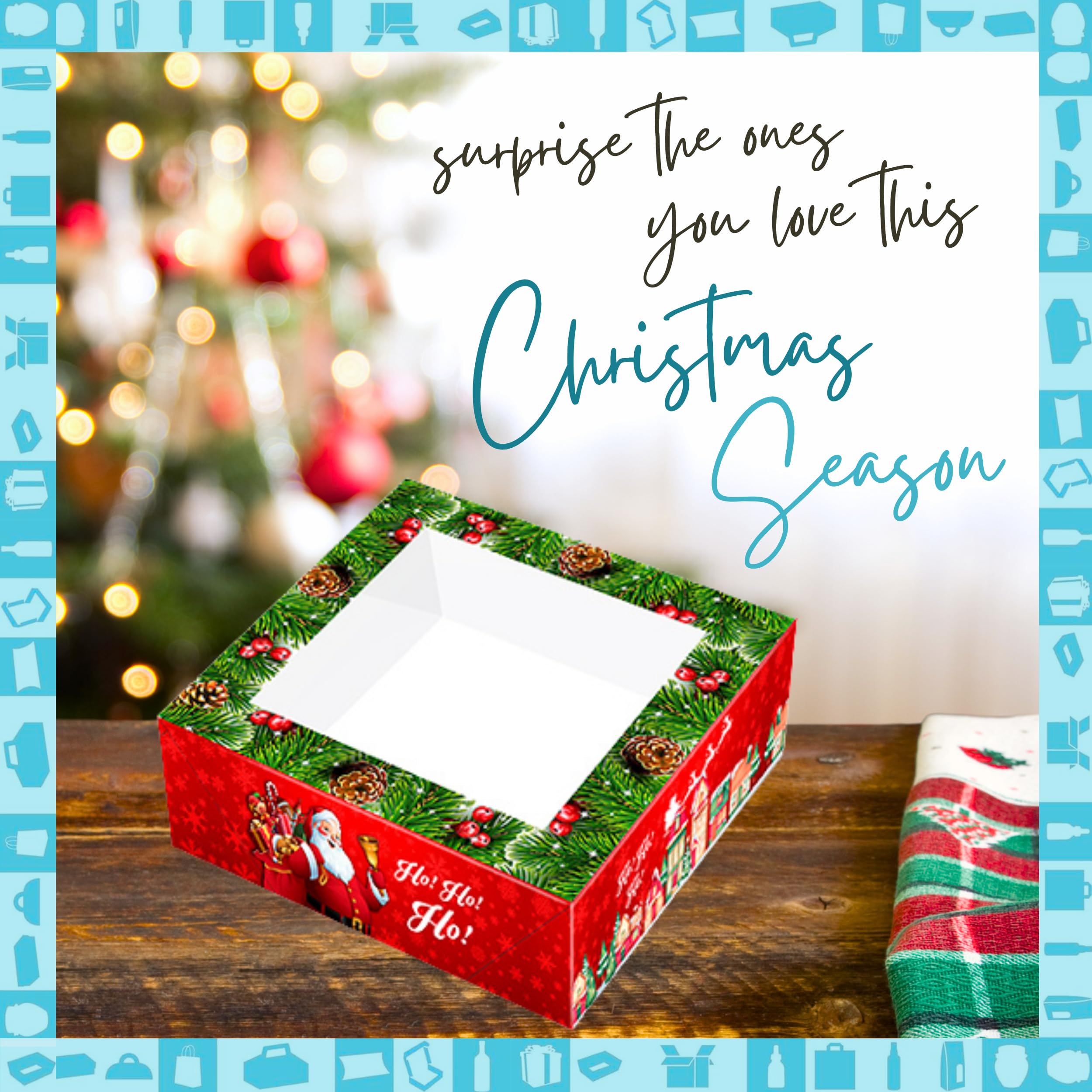 Espirito Rebelde 50 cajas de cartón para tartas con ventana (20 x 20 x 7,5 cm) – Diseño de Navidad, caja de panadería – Cajas para tartas de Navidad, galletas, magdalenas