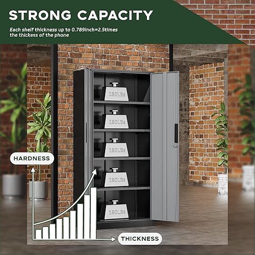 Vista 120 de Greenvelly Armario de almacenamiento de metal para garaje, armario de almacenamiento con cerradura de 72 pulgadas con estantes ajustables, Negro