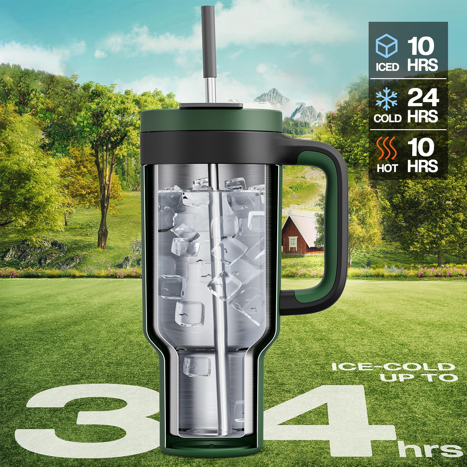 POWCAN Vaso de 40 onzas con asa, popote y tapa para sorber 2 en 1, a prueba de fugas, apto para lavavajillas, taza de café de viaje de acero inoxidable aislada, mantiene el frío durante 34 horas, cabe