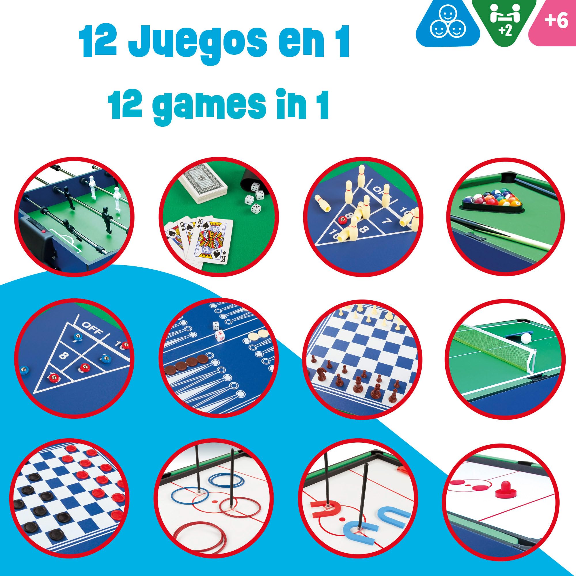 COLORBABY - Table multijeux, Baby-foot en bois, Table de billard convertible, 12 jeux, Jouets pour adultes et enfants à partir de 6 ans - 104 x 57.5 x 69 cm
