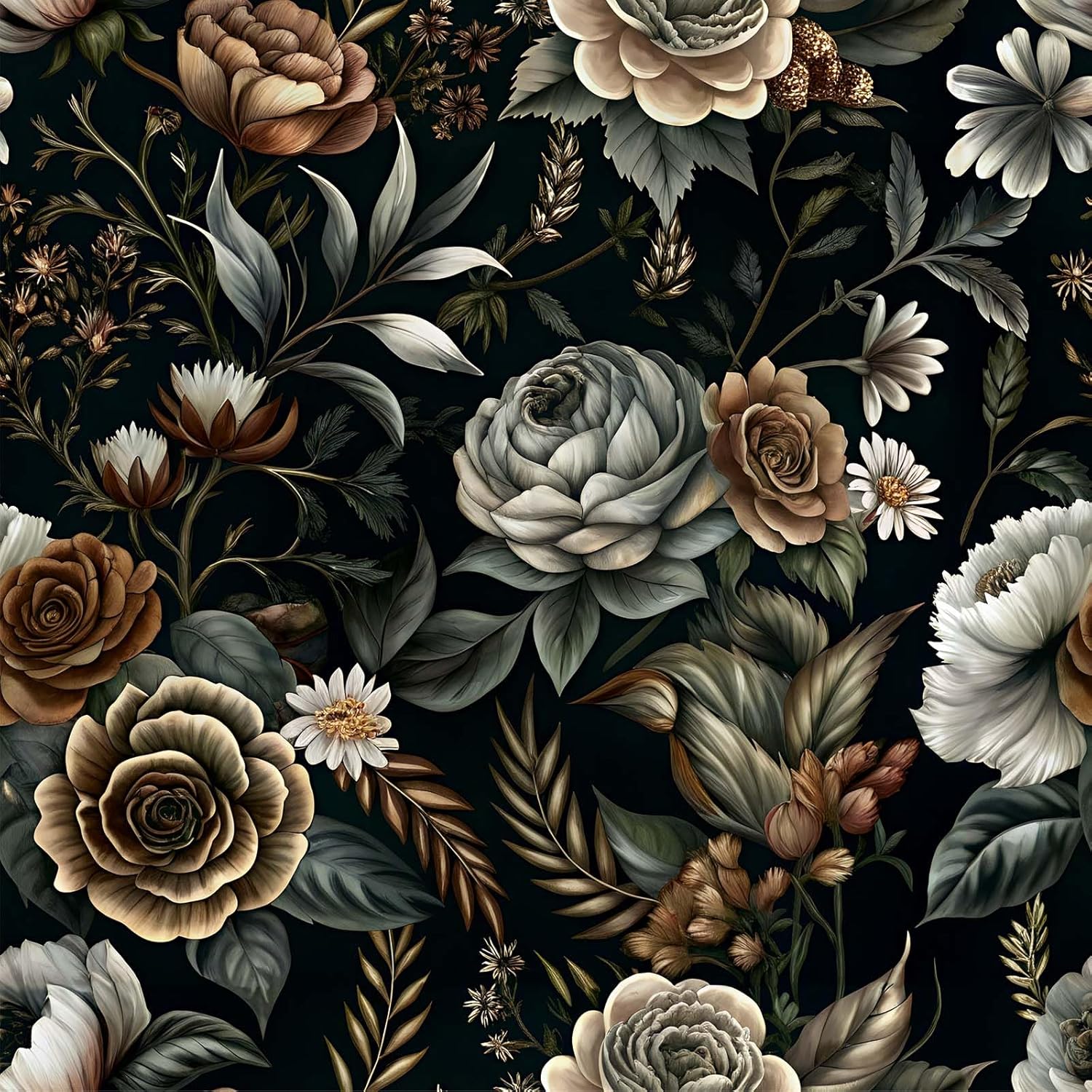 Dark Vintage Floral Peel and Stick Wallpaper, Self-Adhesive Removable Waterproof Contact Paper, Retro Peony Rose Wallpaper for Bedroom Accent Wall Furniture Makeover, Renter Friendly,17.3" x 120"