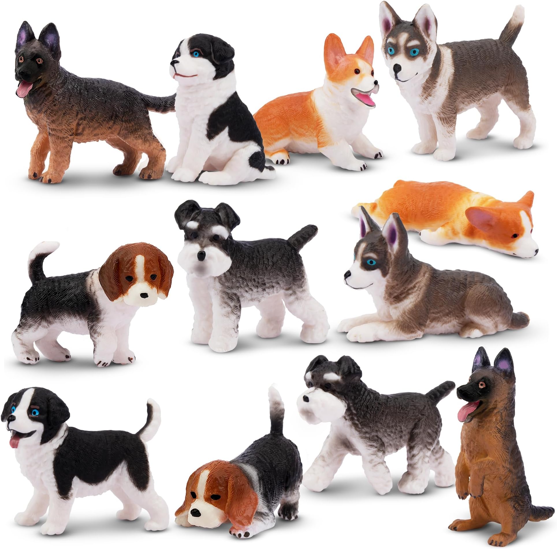 12PCS Dog Figurines Playset, Realistic Plastic Puppy Figurines, Hand Painted Mini Dog Figures Toy Set Cake Toppers Birthday Gift for Kids Toddlers
