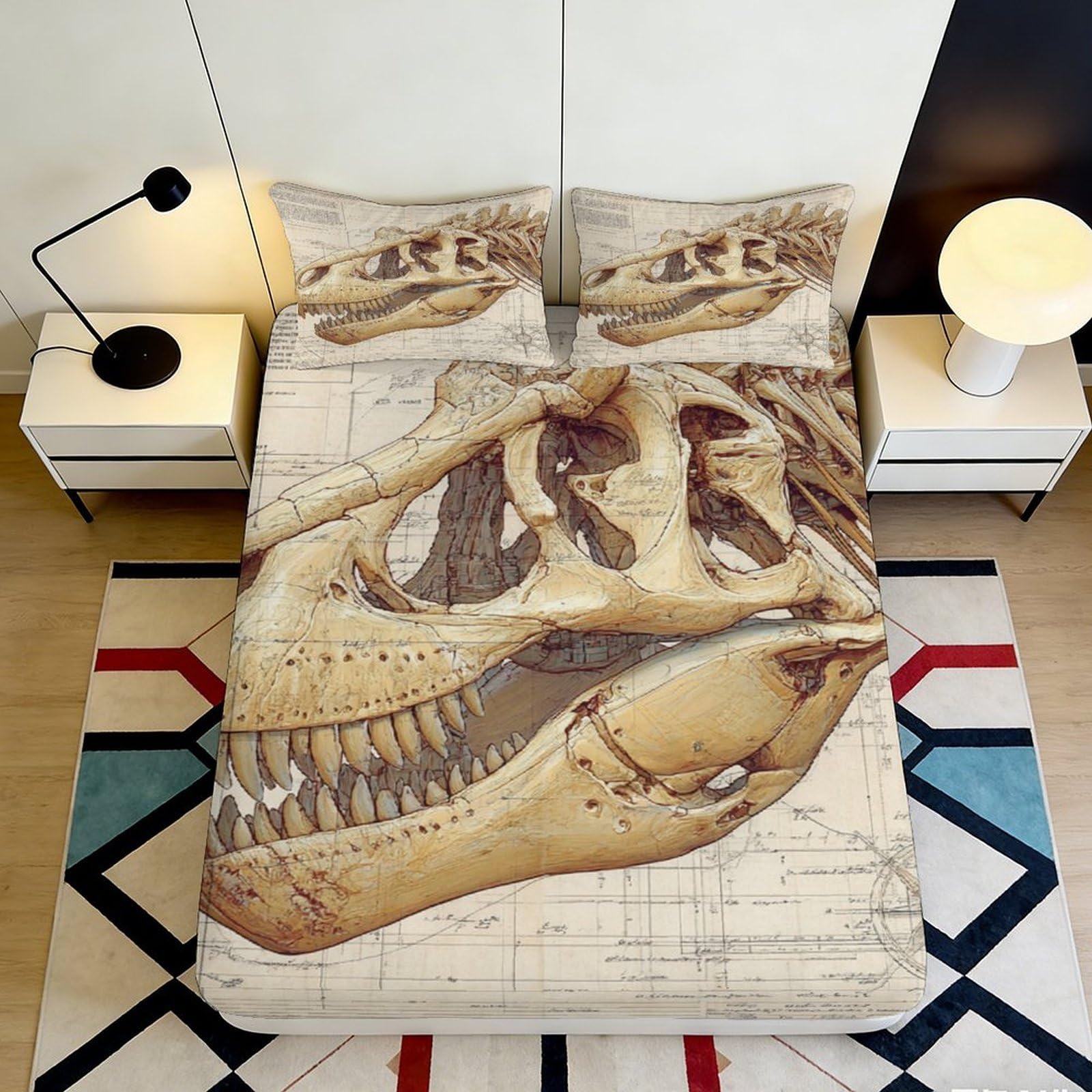 3D Printed Dinosaur Skull Fitted Sheet Microfiber Deep Pocket Non-Slip Bedroom Bedding Dinosaur Skull Mattress Fitted Cover Washable All Ages 200x200x25cm 90x200x25cm