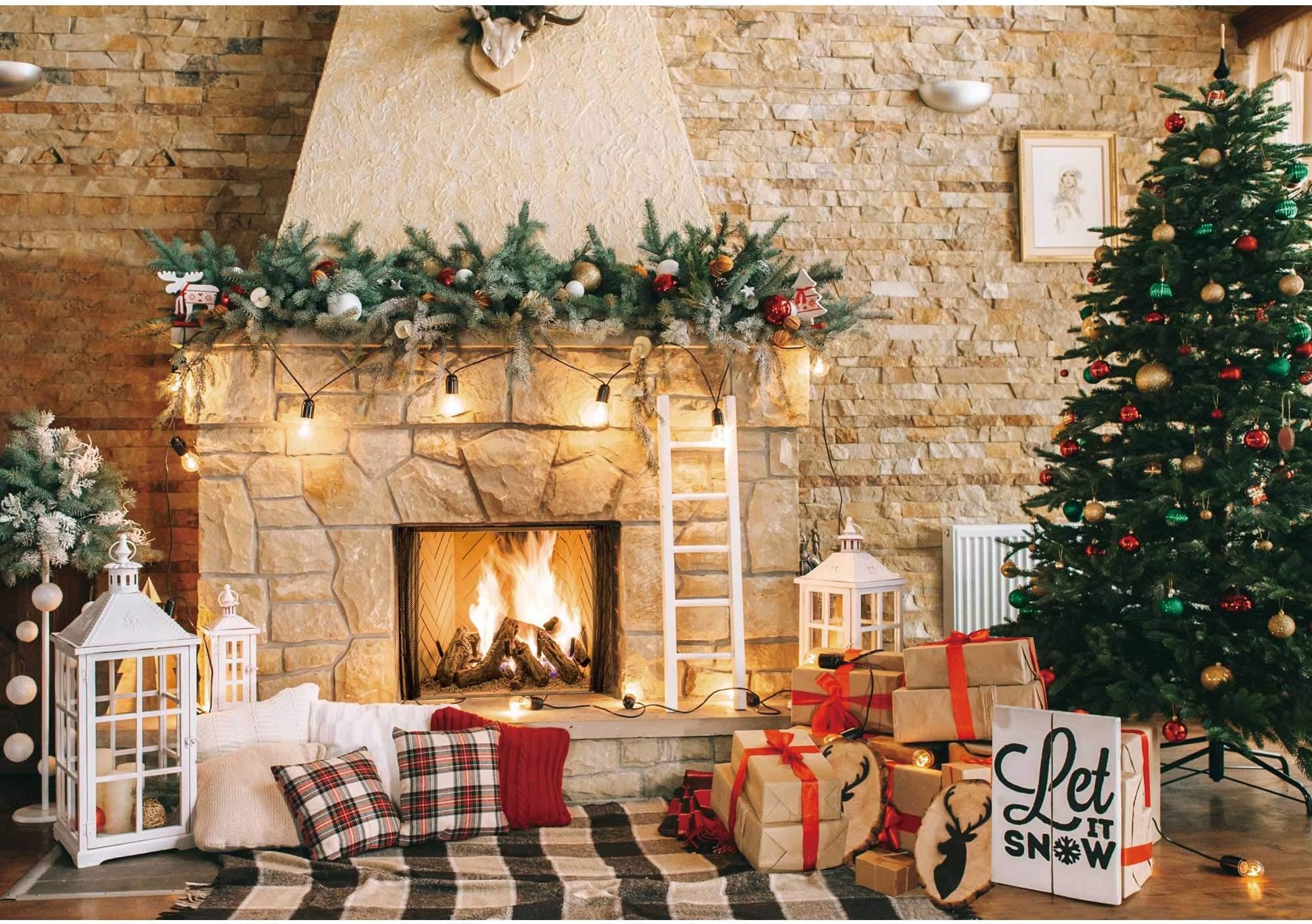 Amazon.com : 10x8ft White Christmas Fireplace Photo Backdrop Winter ...