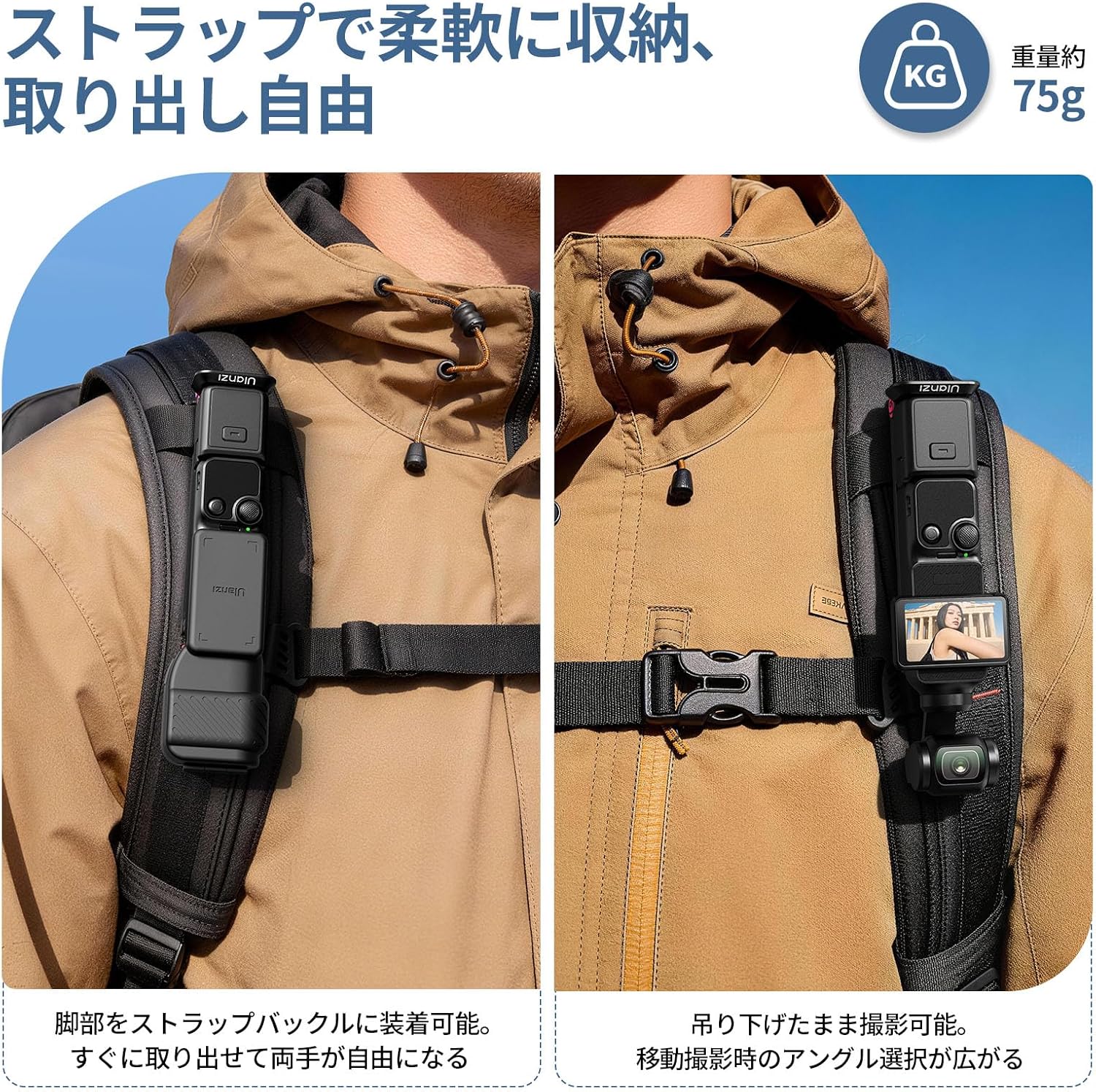 Ulanzi MA66 attached to backpack strap