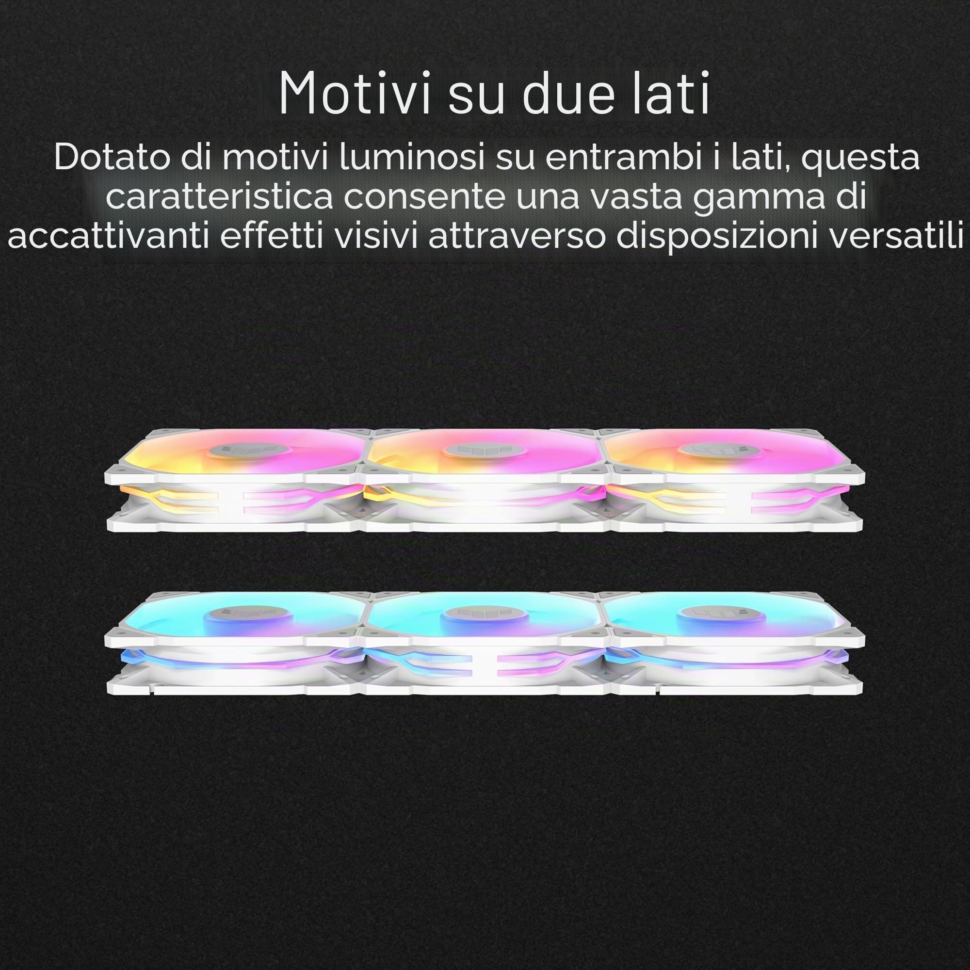ASUS TUF GAMING TR120 FAN ARGB REVERSE WHT 3IN1, Ventole Bianche, 3 Pezzi | Pale Invertite, Dimensioni 120x120x28mm, Pressione Statica 3,3mm H2O, Design a Doppio Strato con 16 LED RGB, Controllo PWM