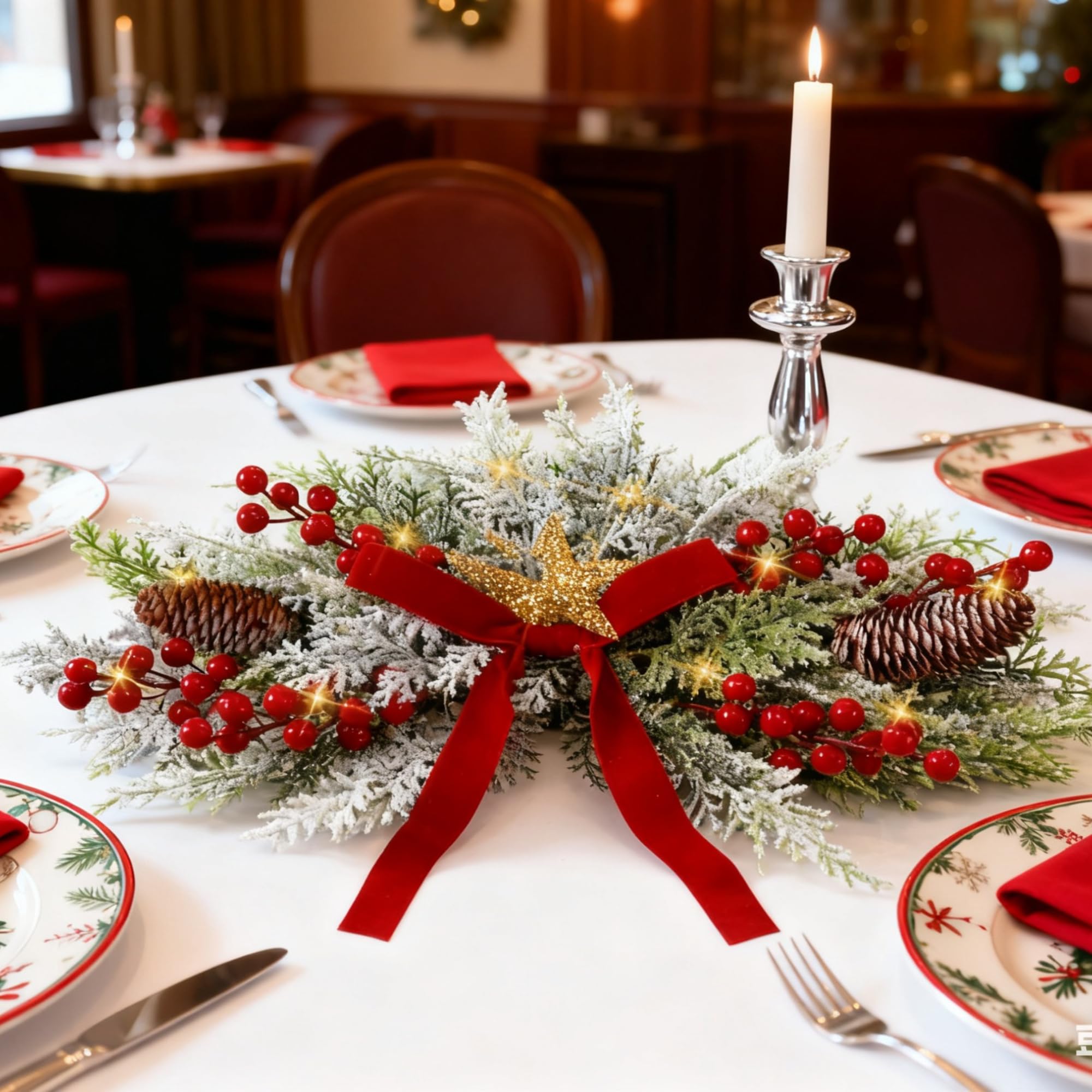 Giegxin Guirlande de Noël artificielle en cèdre givré de 61 cm avec nœud rouge et lumières LED pour porte d'entrée, guirlande de sapin de Noël, couronne de Noël synthétique pour boîte aux lettres
