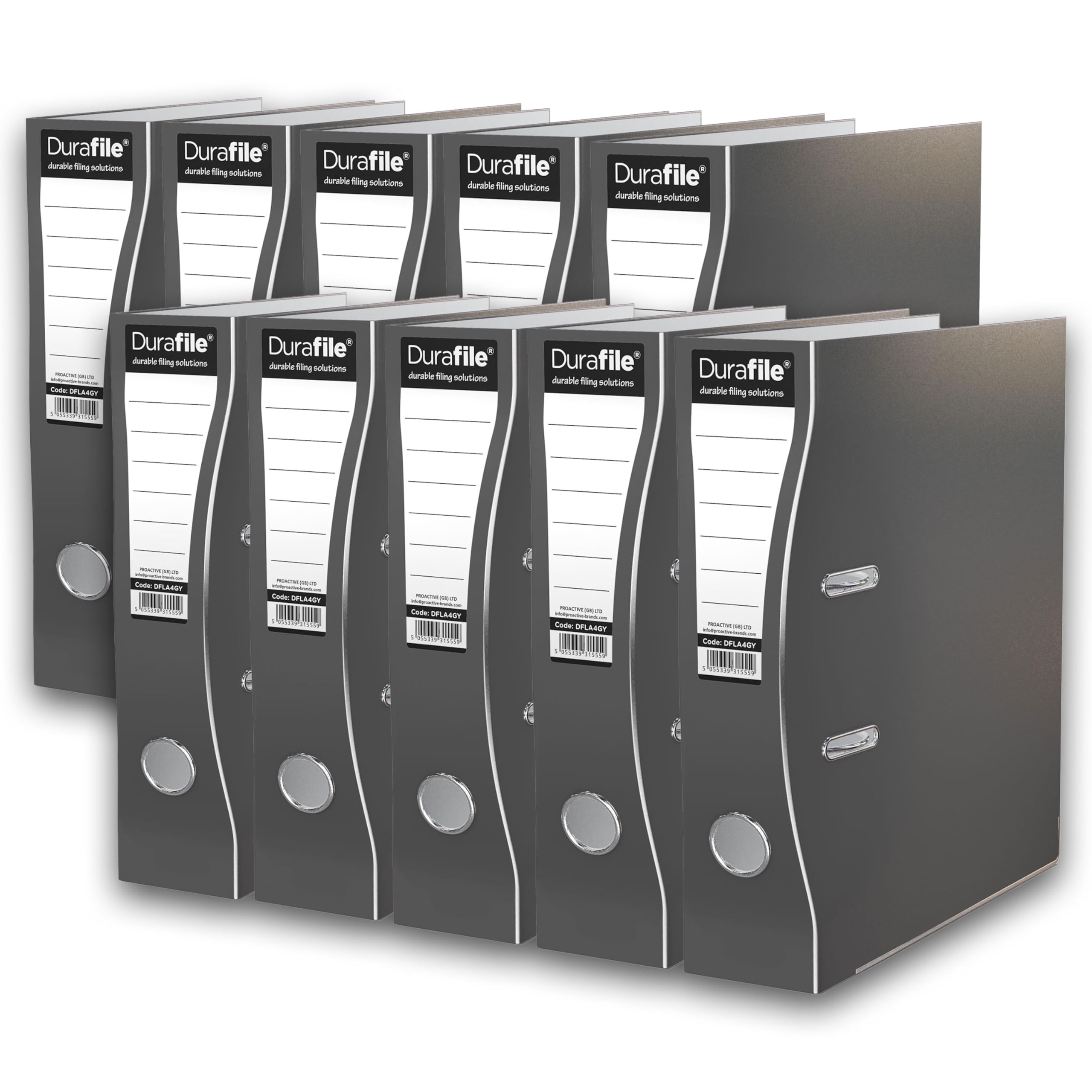 Durafile Lever Arch Files, Grey, Pack of 10 Folders, Heavy Duty Board Construction Suitable for A4 Size Documents, Ideal folders for School, Home and The Office