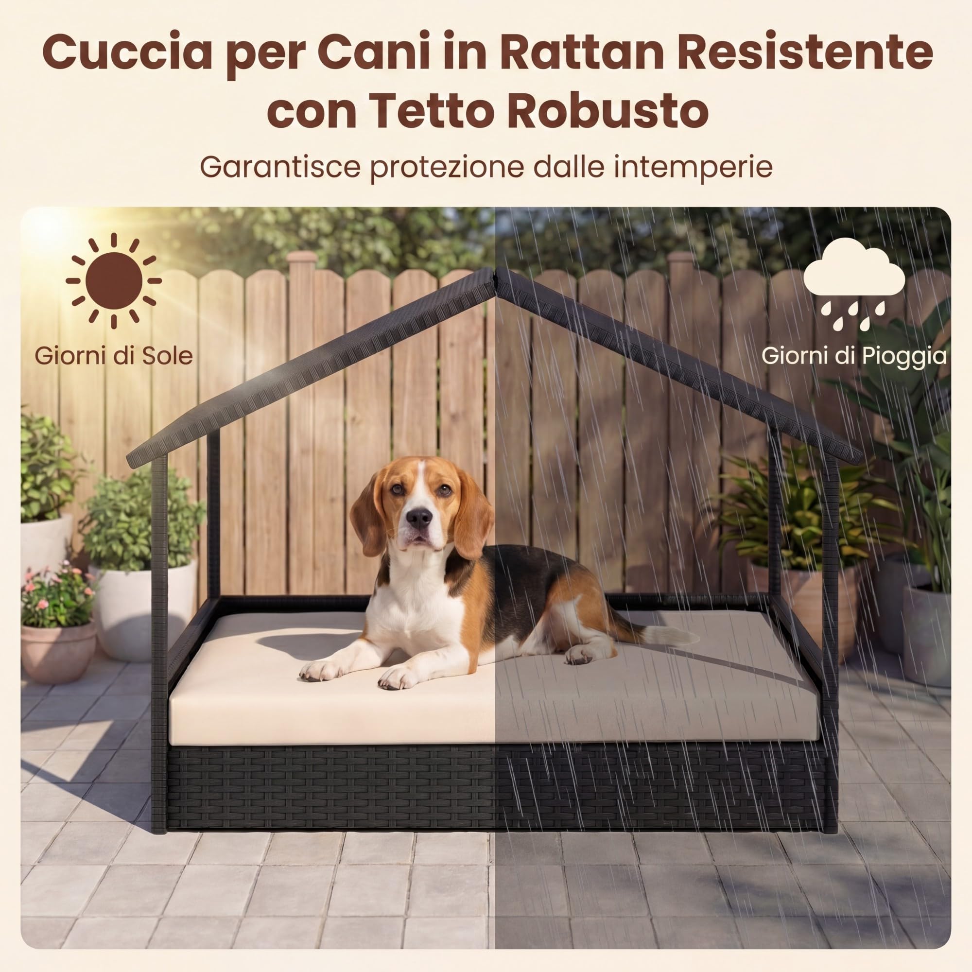 GYMAX Letto per Cane con Cuscino, Cuccia per Cane da Esterno in Rattan PE con Tetto a Spiovente e Base Rialzata, Ventilata & Impermeabile, per Esterno & Interno, 98 x 68 x 74 cm (Beige)