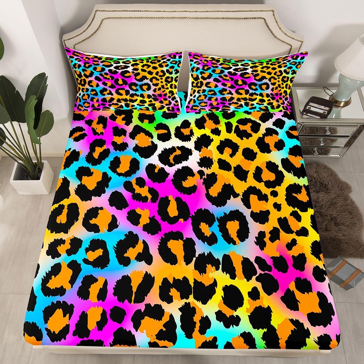 Leopard Print Bed Sheet Set for Girls Kids Women Neon Rainbow Leopard Fur Bedding Set Mottled Exotic Panthera Skin Fitted Sheet Room Decor Colorful Camouflage Safari Theme Bed Cover Queen Size 4Pcs